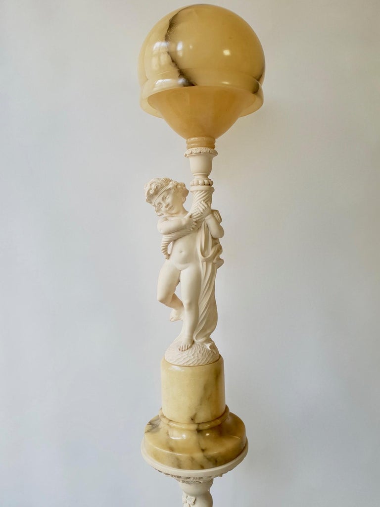 Italian Figural Carved Alabaster Table Lamp on a Column by Prof. G. Bessi For Sale