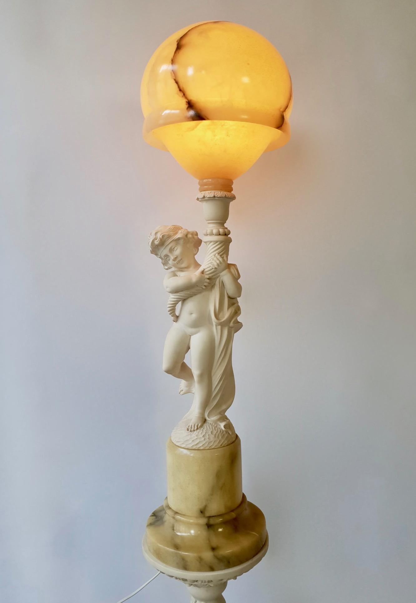 Hollywood Regency Figural Carved Alabaster Table Lamp on a Column by Prof. G. Bessi For Sale
