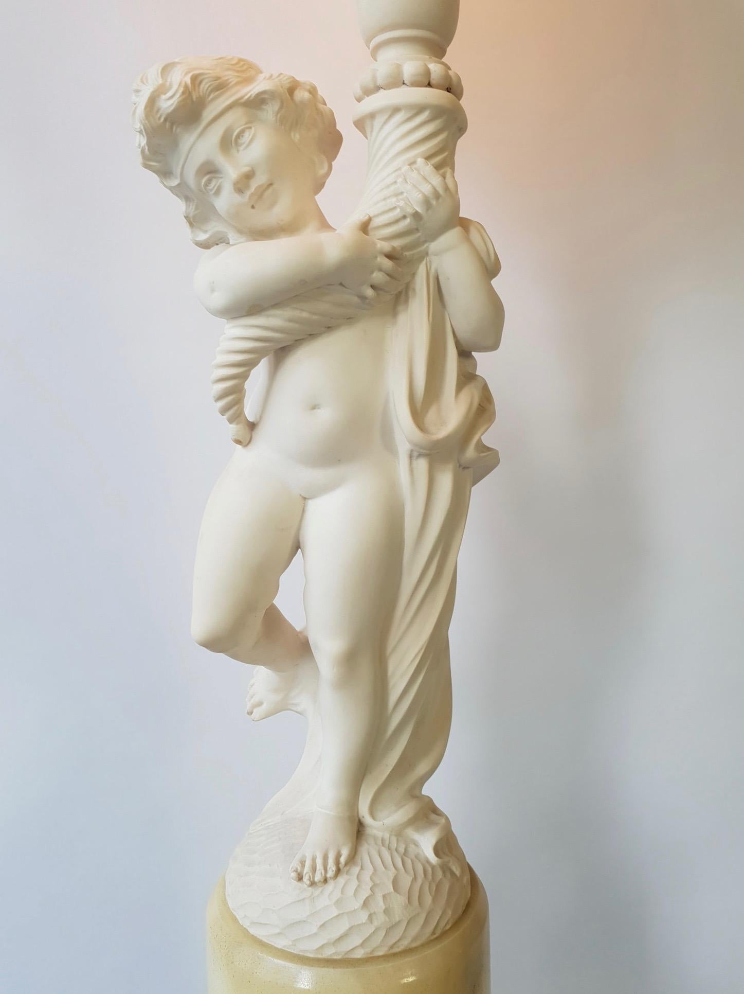 Italian Figural Carved Alabaster Table Lamp on a Column by Prof. G. Bessi For Sale