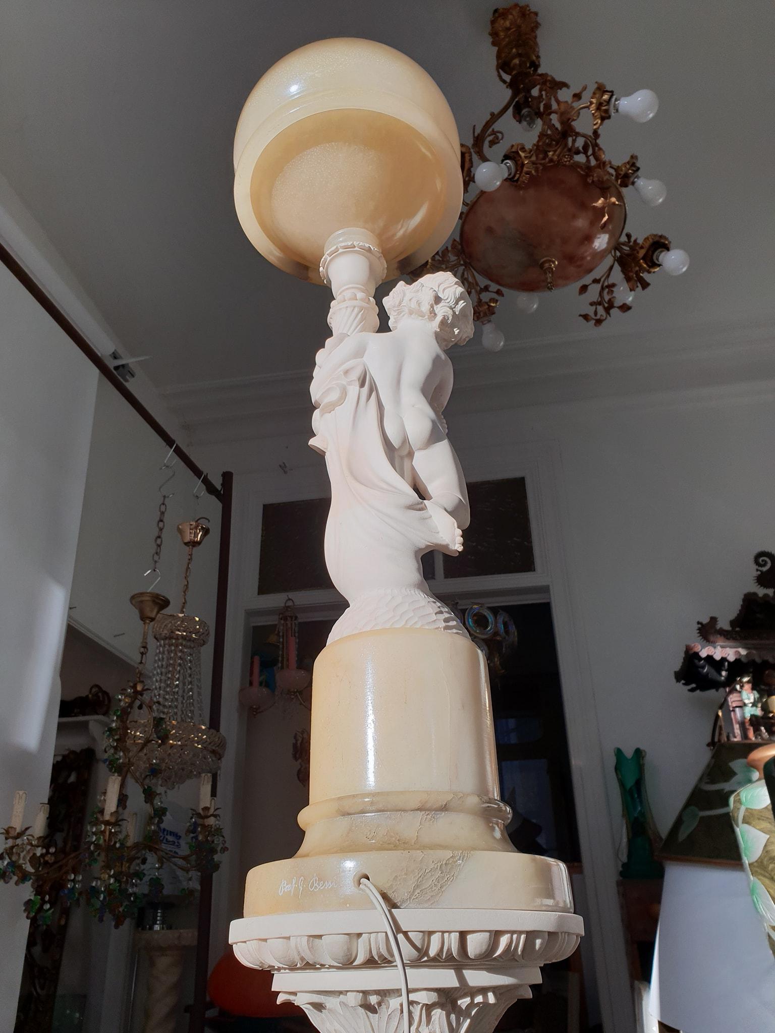 Figural Carved Alabaster Table Lamp on a Column by Prof. G. Bessi For Sale 2