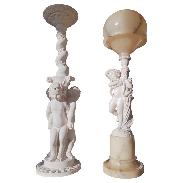 Figural Carved Alabaster Table Lamp on a Column by Prof. G. Bessi For Sale