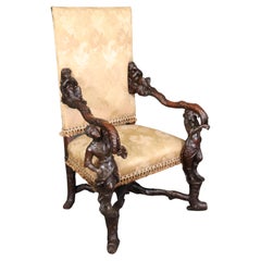 Figural Carved Andre Brustelon Style Venetian Baroque Walnut Armchair circa 1890