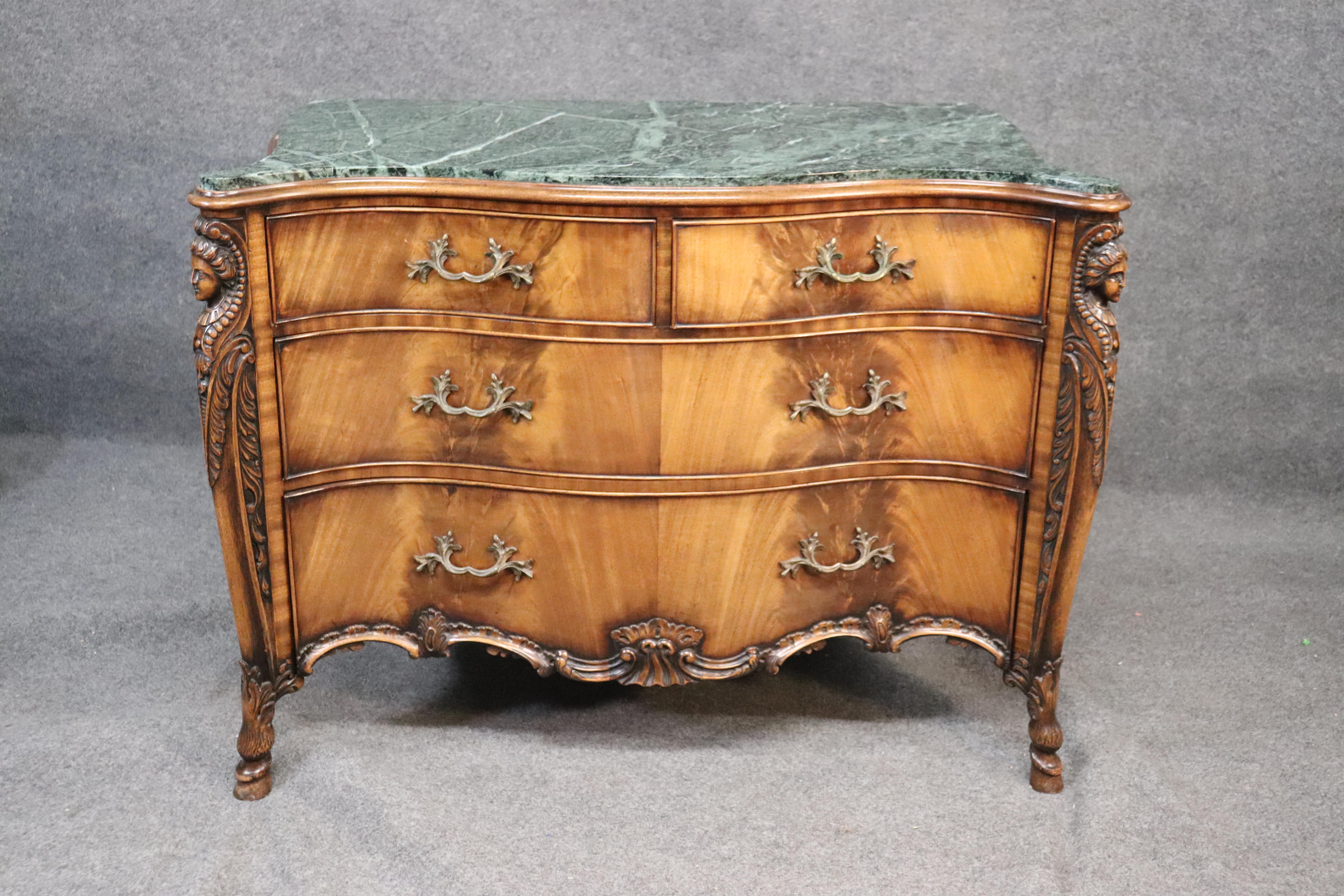 Figural Carved Maidens French Green Marble Top Commode Server Buffet, circa 1940 4