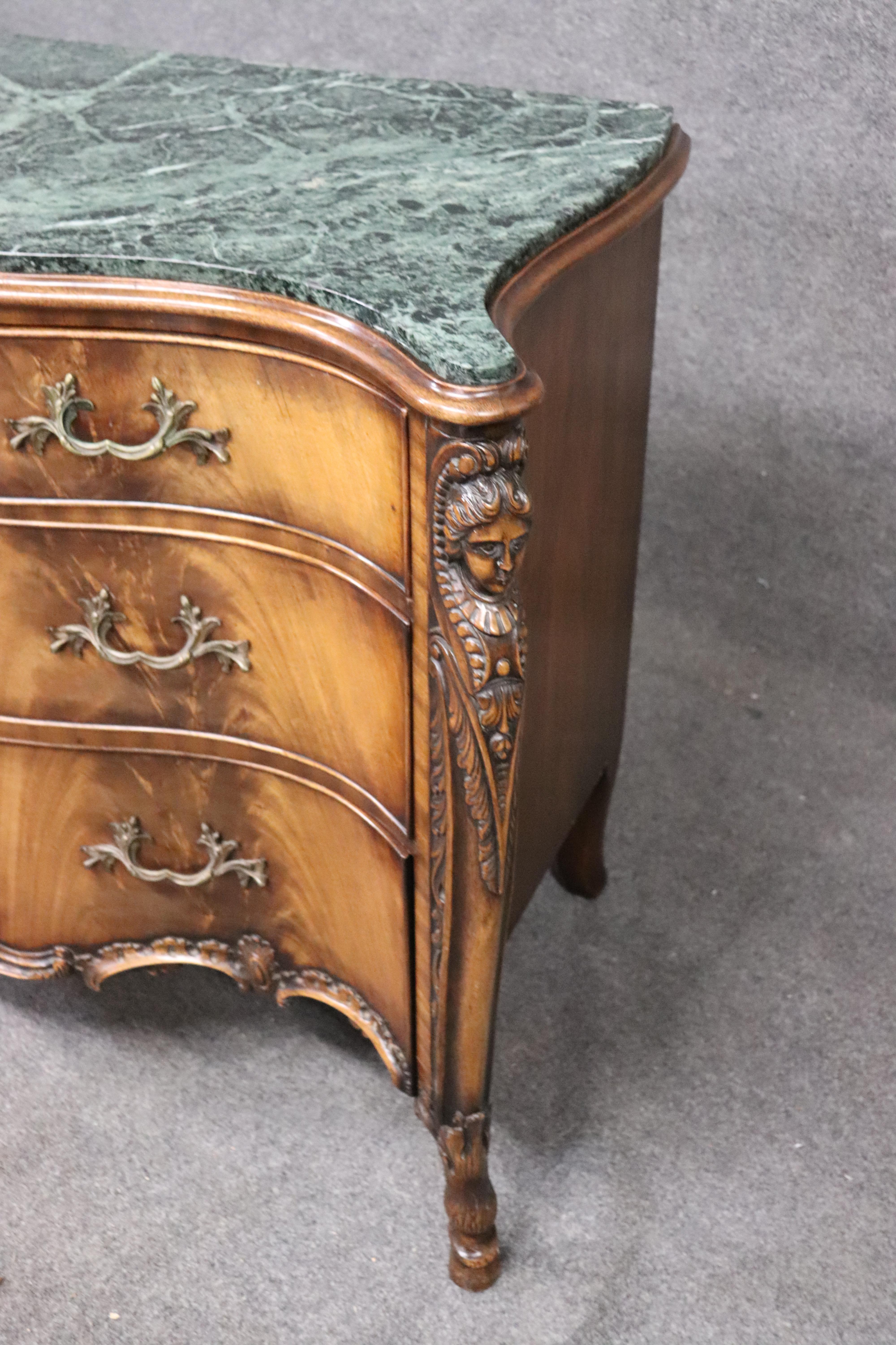 Louis XV Figural Carved Maidens French Green Marble Top Commode Server Buffet, circa 1940 For Sale