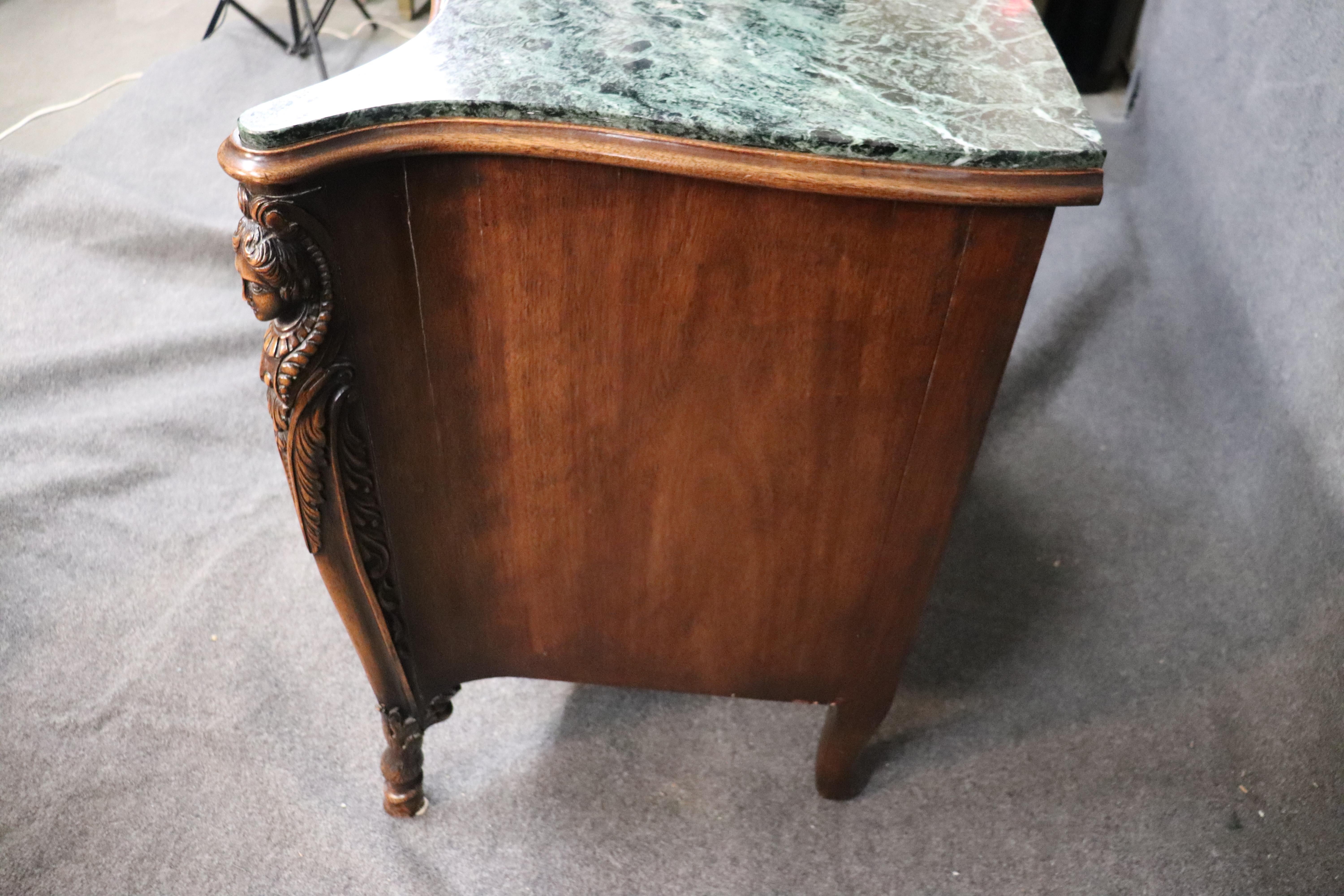Figural Carved Maidens French Green Marble Top Commode Server Buffet, circa 1940 For Sale 1