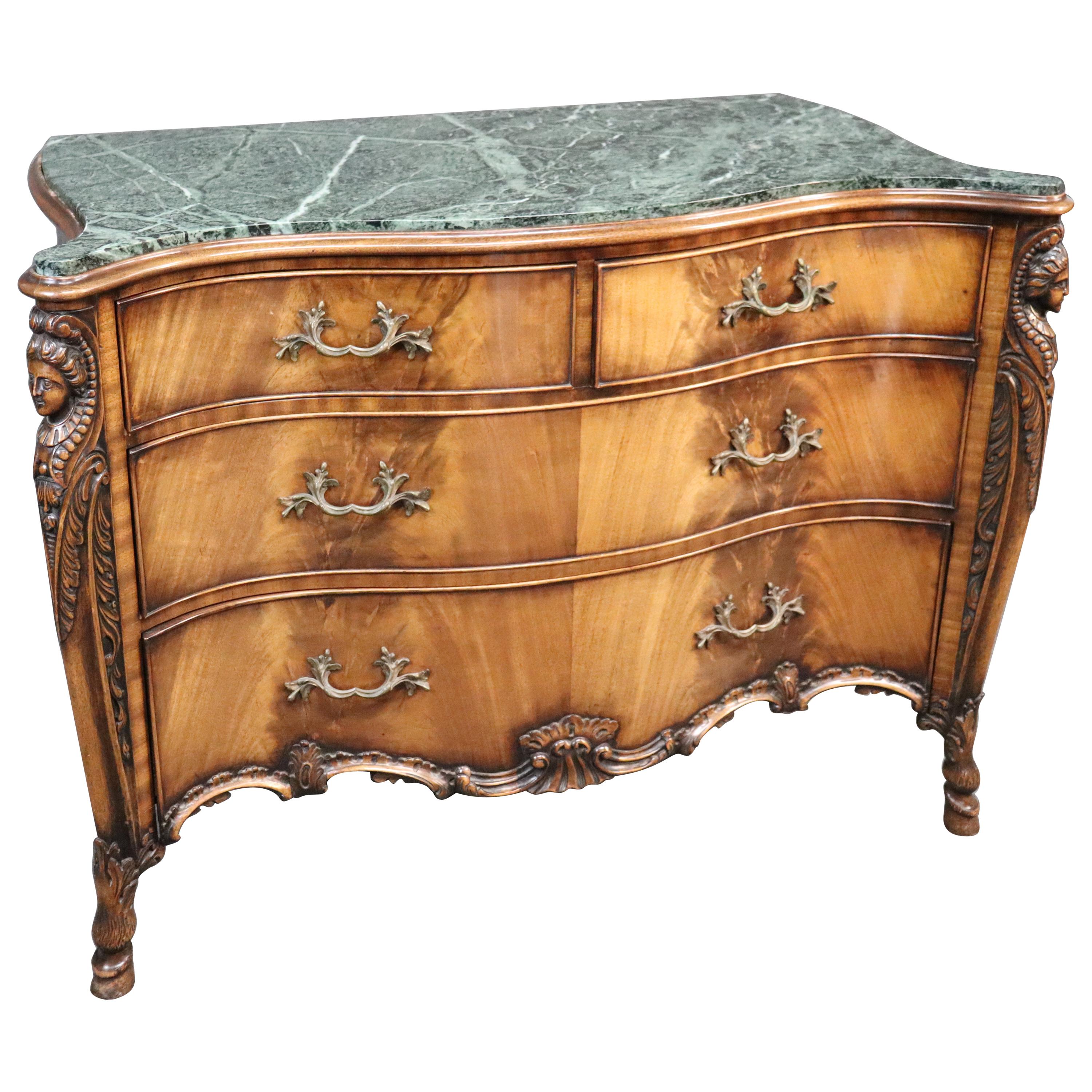 Figural Carved Maidens French Green Marble Top Commode Server Buffet, circa 1940 For Sale