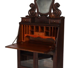 Figural Carved Oak Heinz Drop-Leaf Desk With Mirror c1900