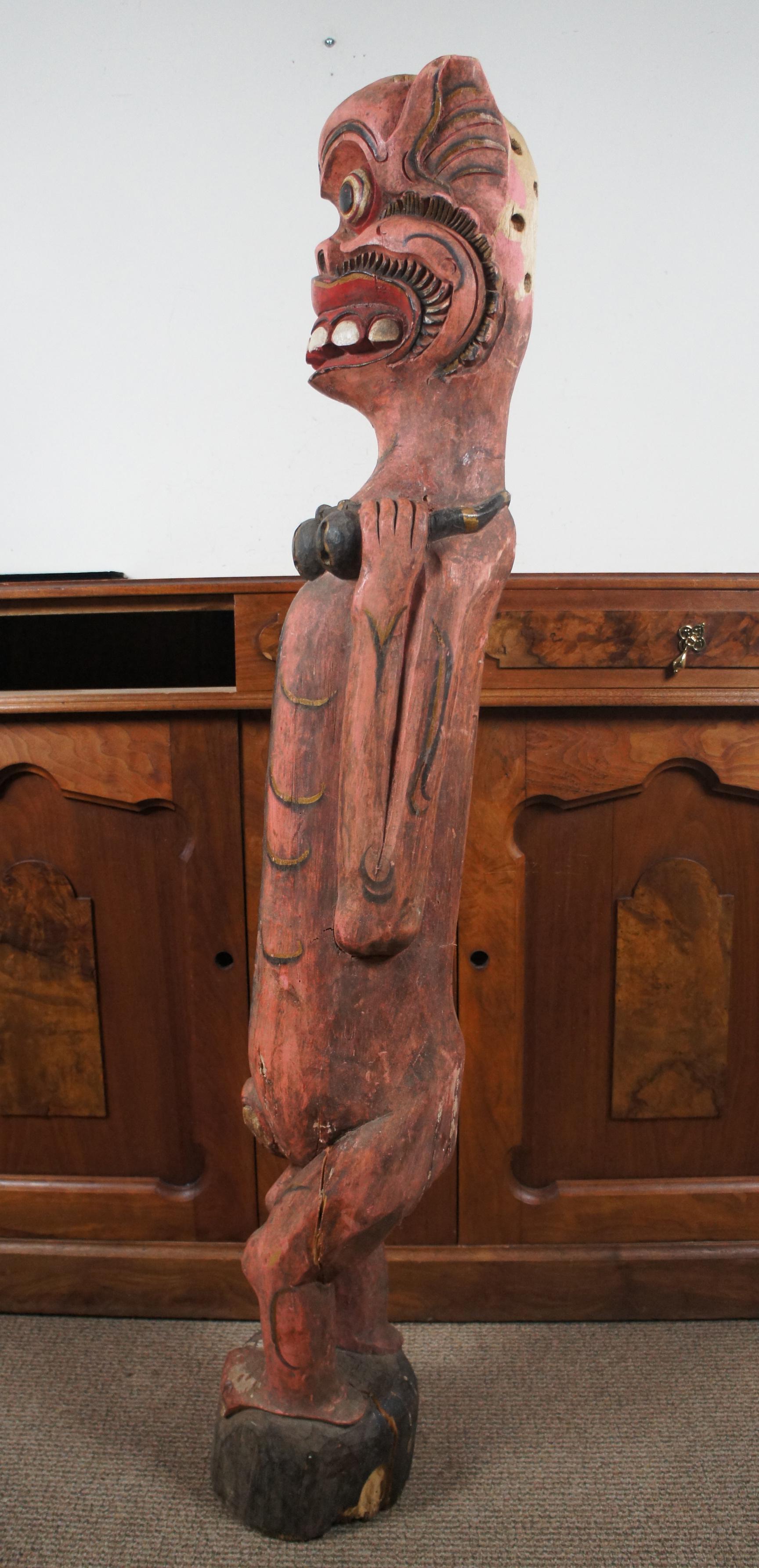 Hardwood Figural Carved Tribal Fertility Slit Drum Phallus Bhuta Bali Red Painted For Sale