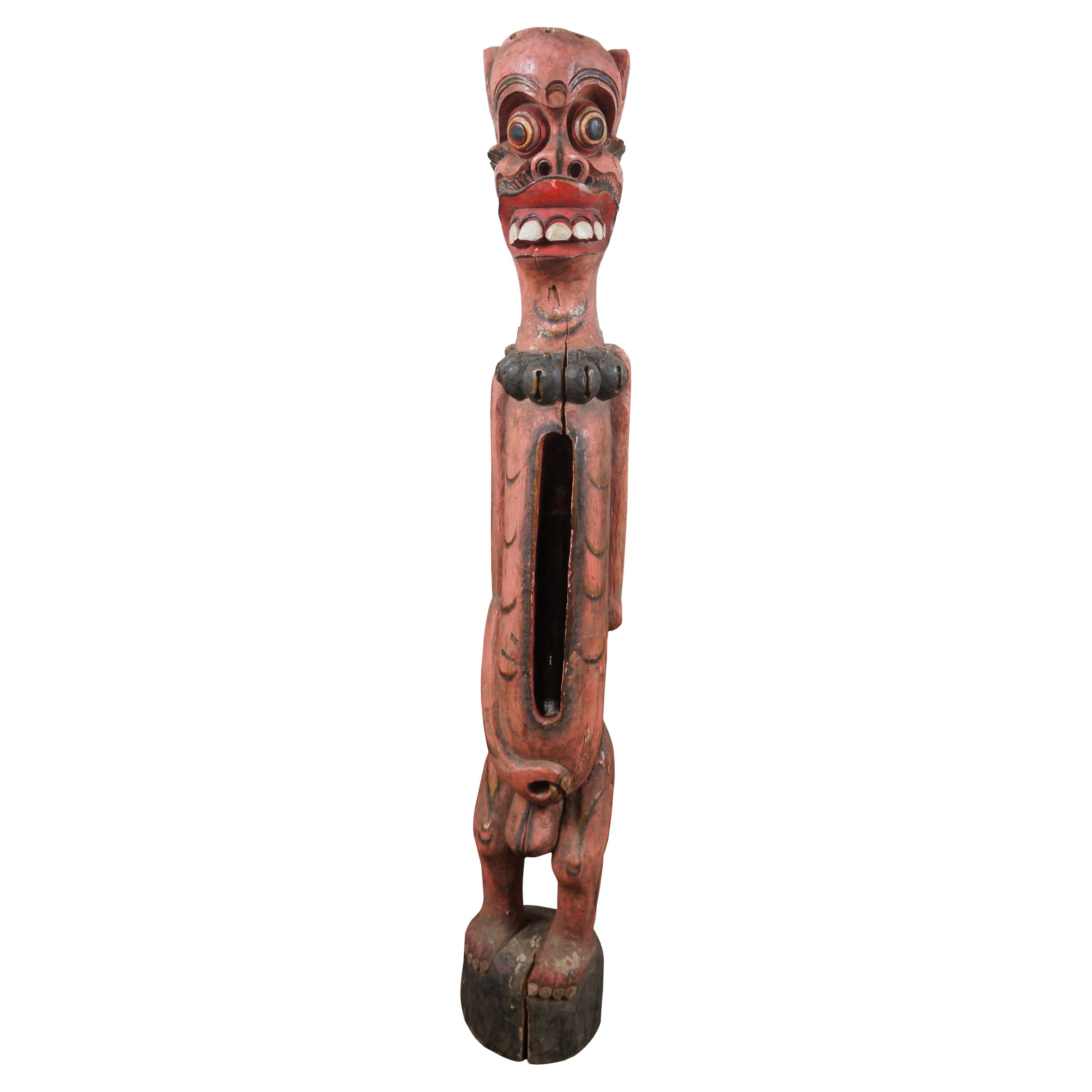 Figural Carved Tribal Fertility Slit Drum Phallus Bhuta Bali Red Painted For Sale