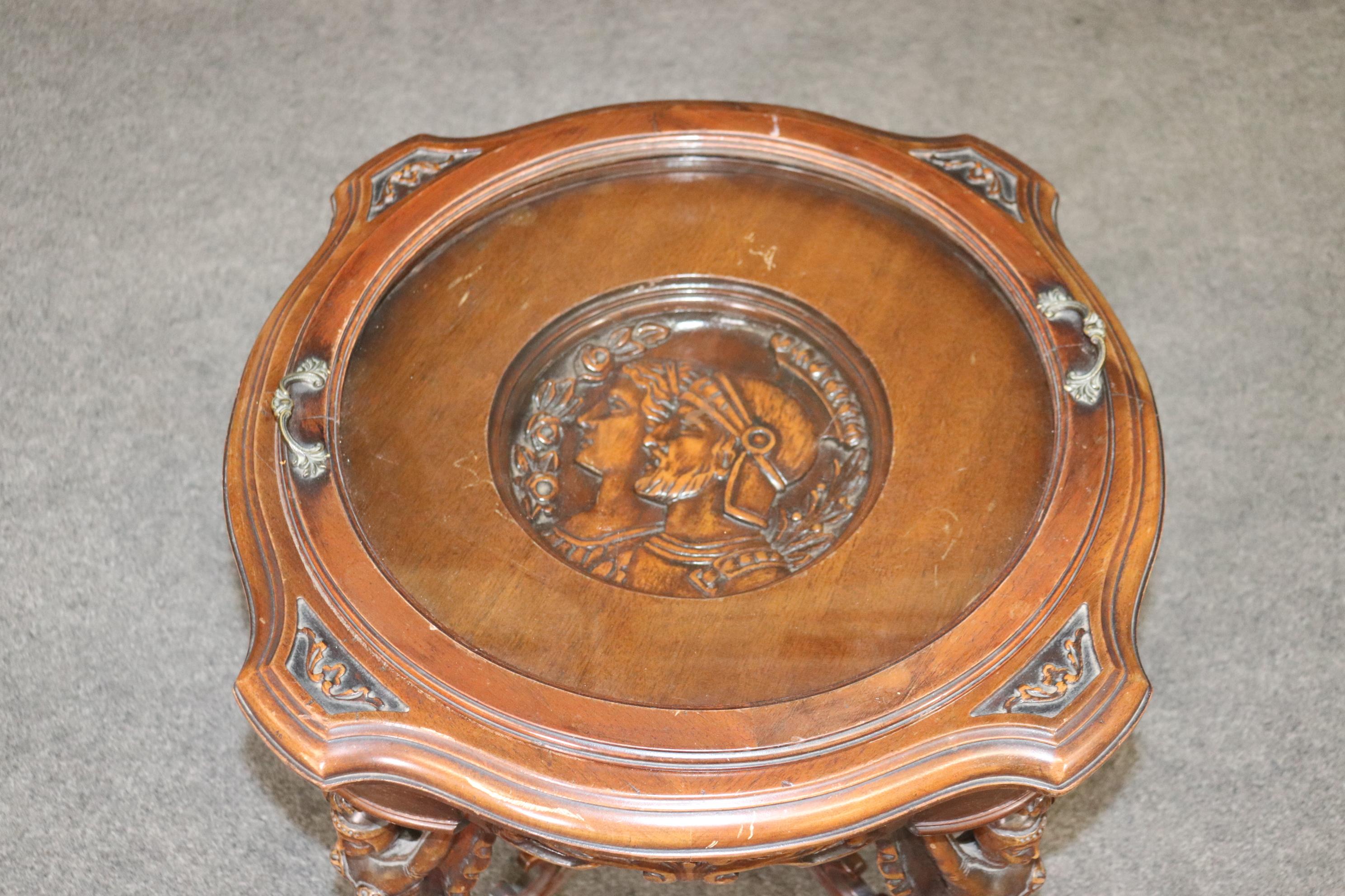 Neoclassical Revival Figural Carved Walnut Glass Tray Top Coffee Table with Roman Figures Circa 1930