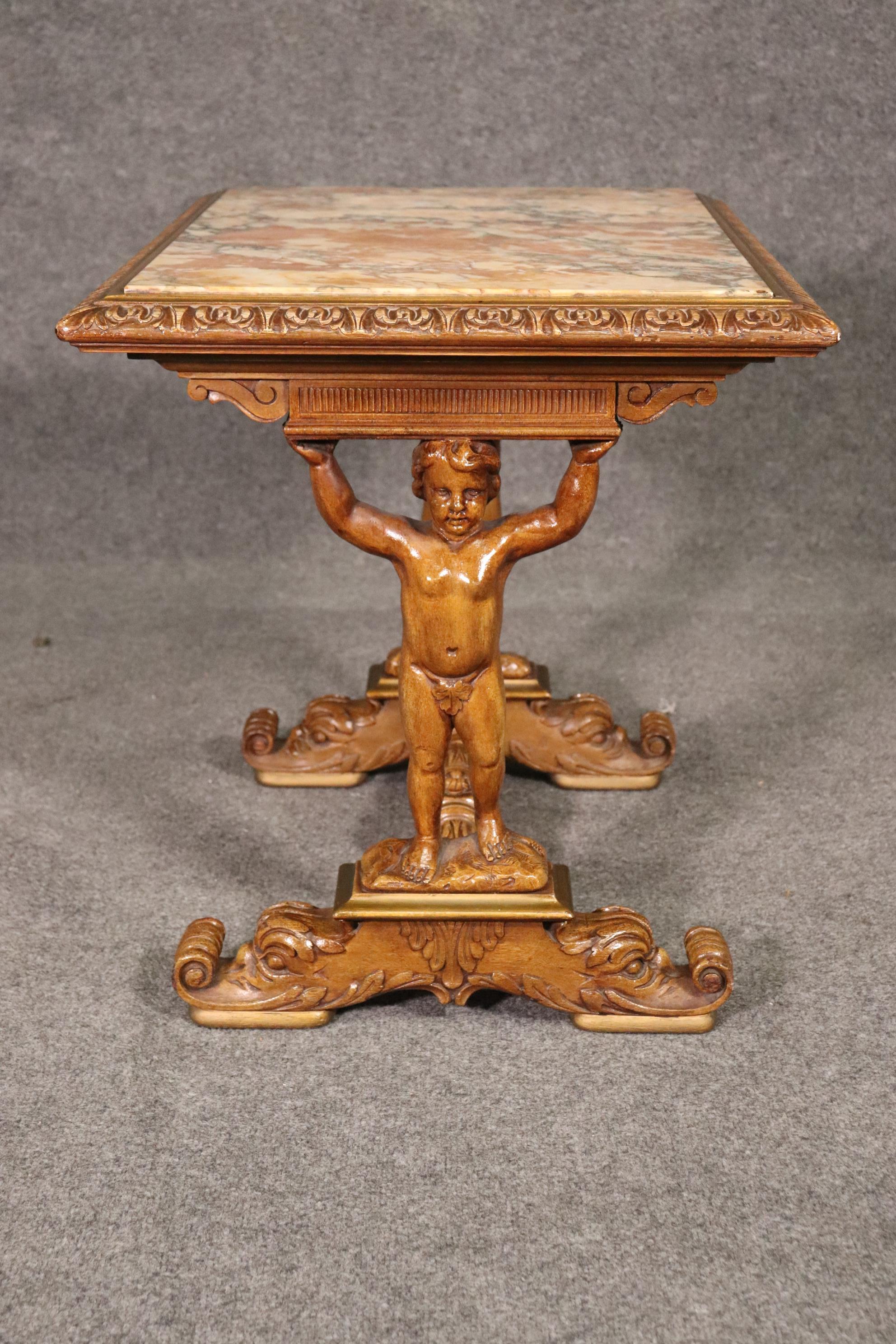 Art Nouveau Figural Carved Walnut Marble Top Putti Cherub Cooffee Table Cuirca, 1920