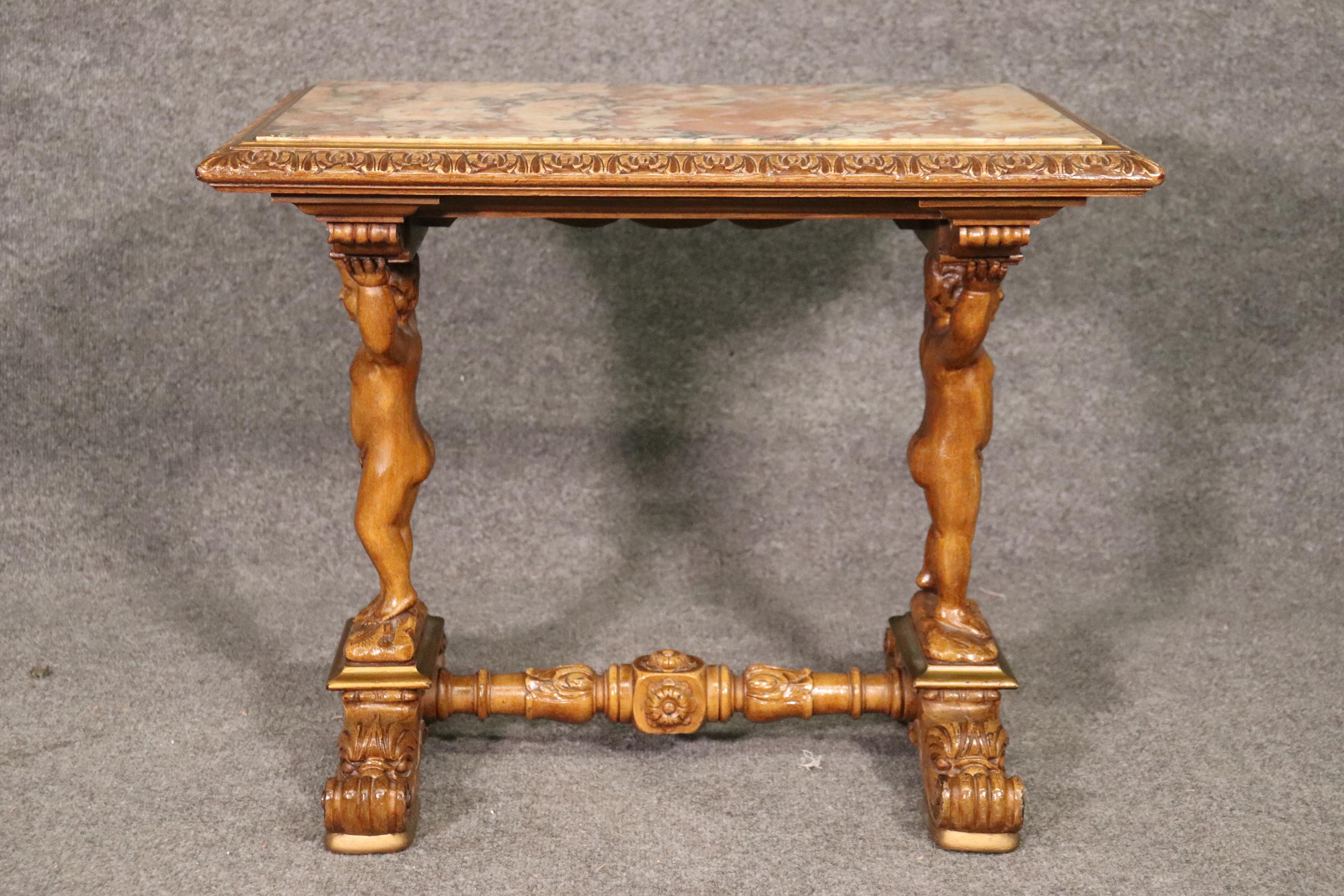 Figural Carved Walnut Marble Top Putti Cherub Cooffee Table Cuirca, 1920 In Good Condition In Swedesboro, NJ