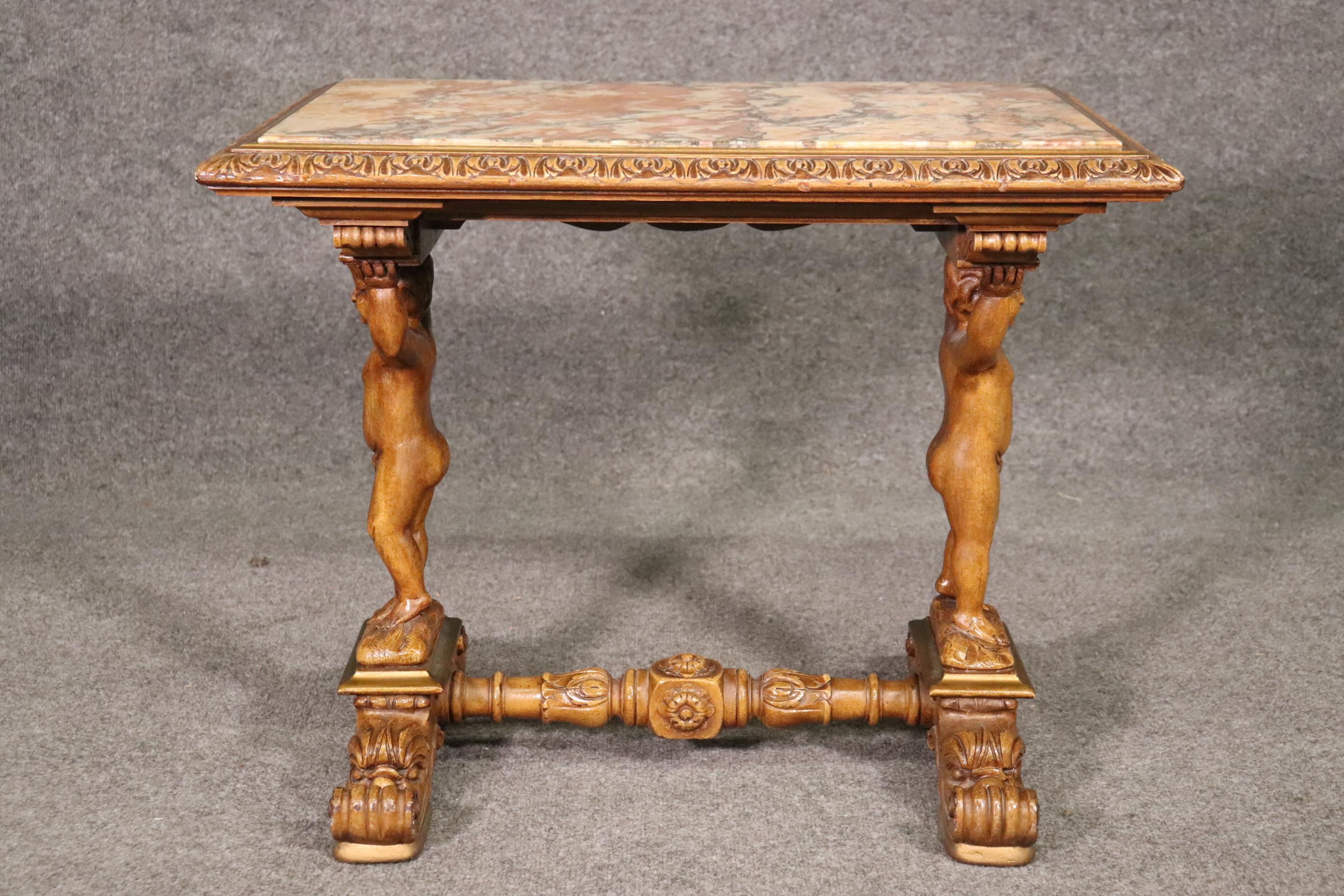 Early 20th Century Figural Carved Walnut Marble Top Putti Cherub Cooffee Table Cuirca, 1920