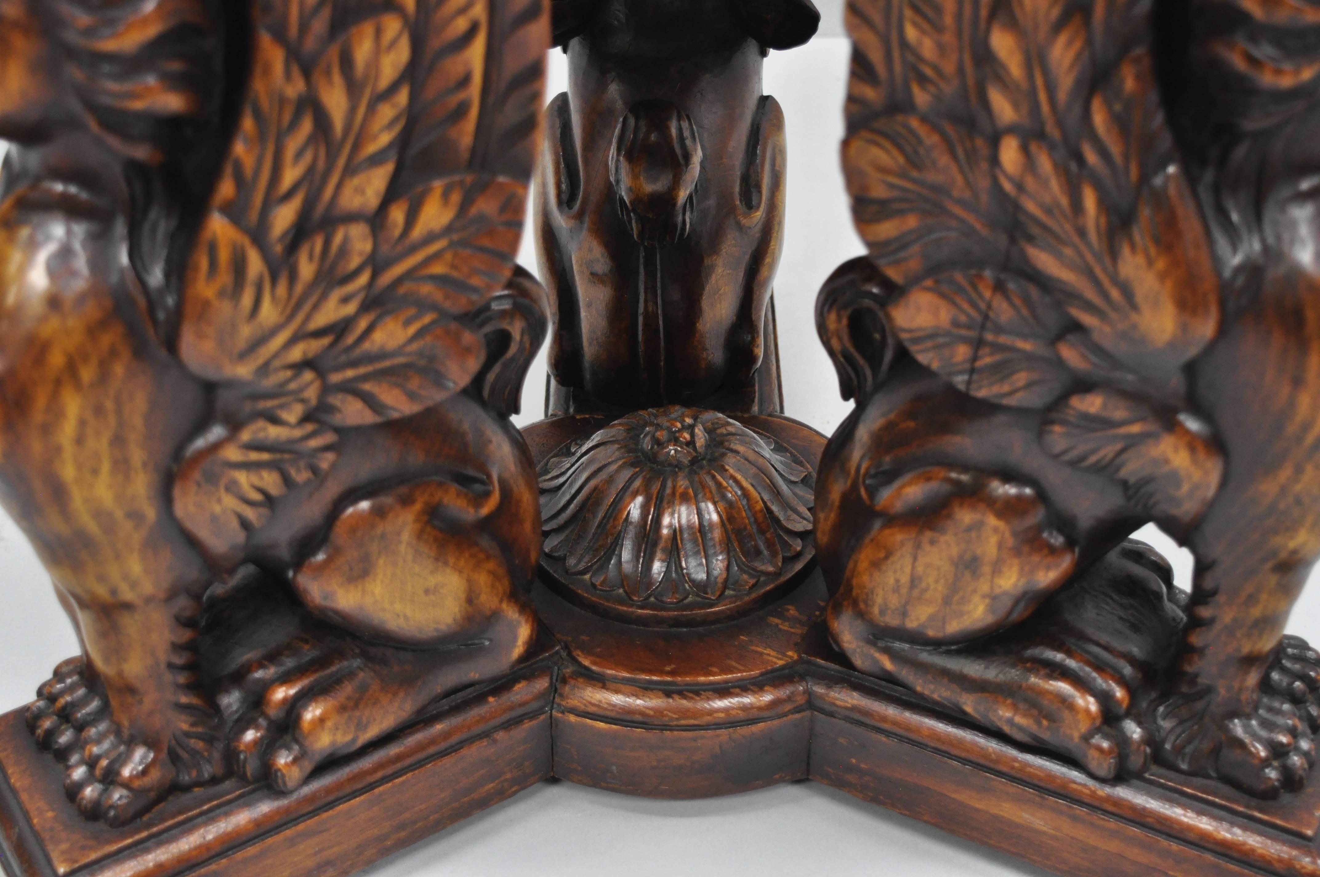 Figural Carved Walnut Winged Female Griffin Triangle Side Table Resin Inlay Top For Sale 2