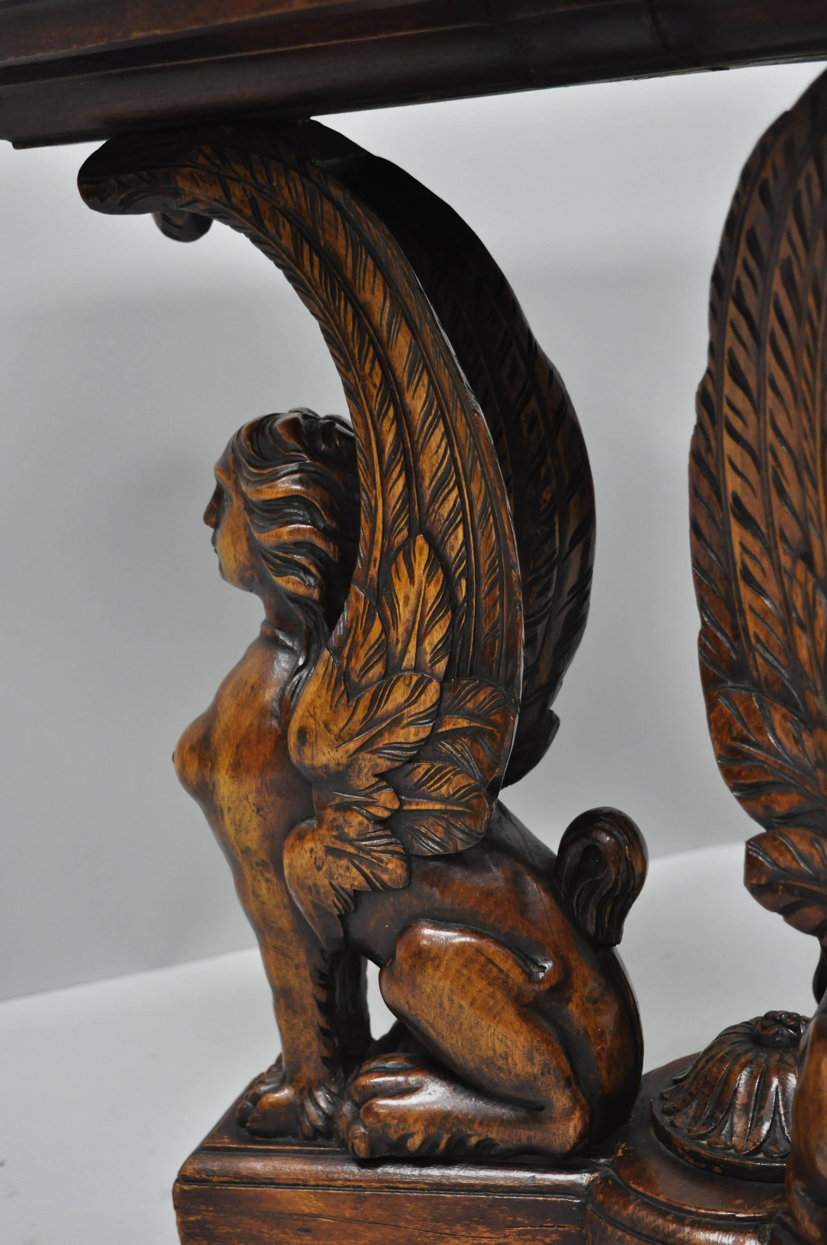 Figural Carved Walnut Winged Female Griffin Triangle Side Table Resin Inlay Top For Sale 4