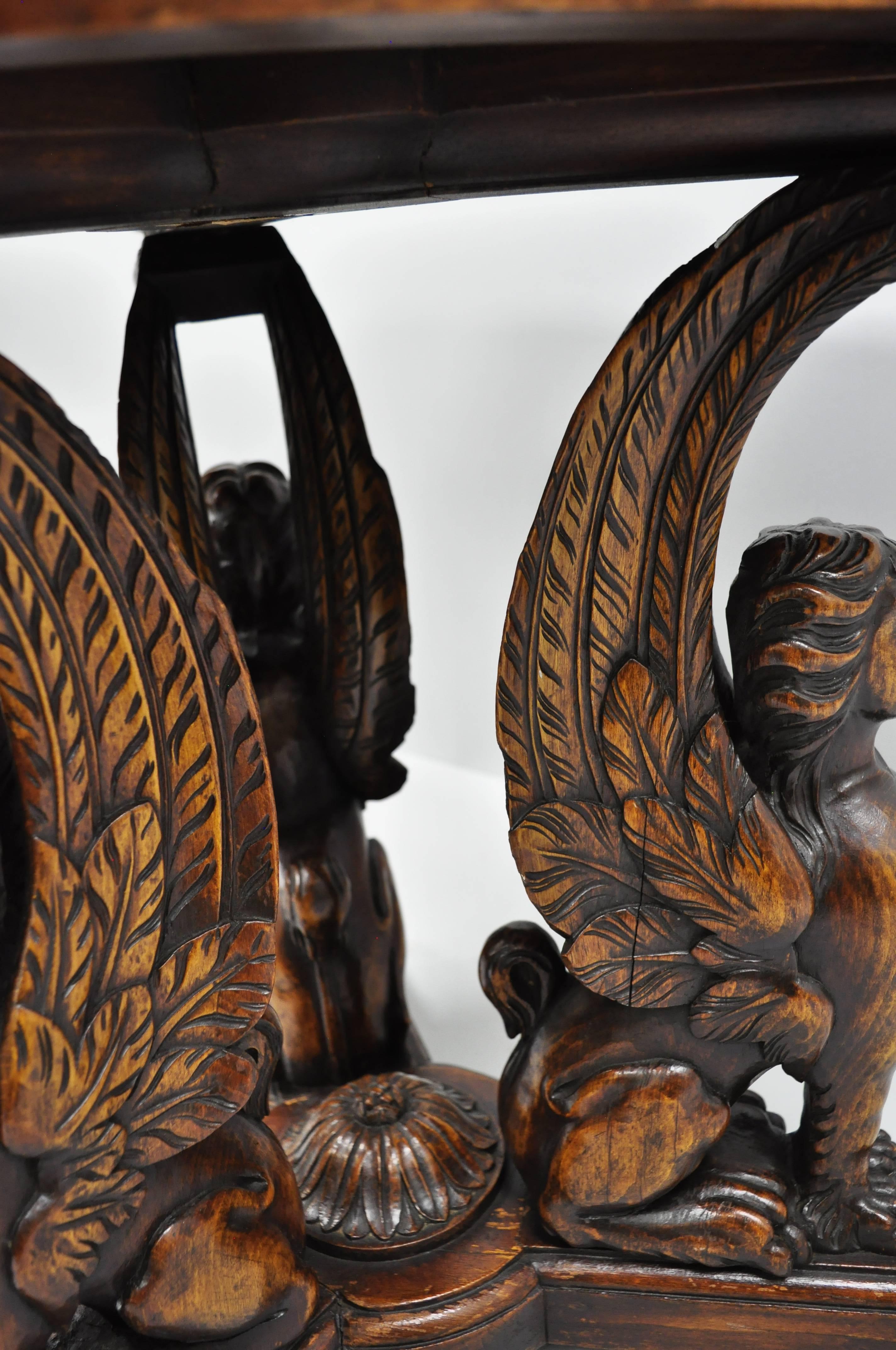 Figural Carved Walnut Winged Female Griffin Triangle Side Table Resin Inlay Top For Sale 4