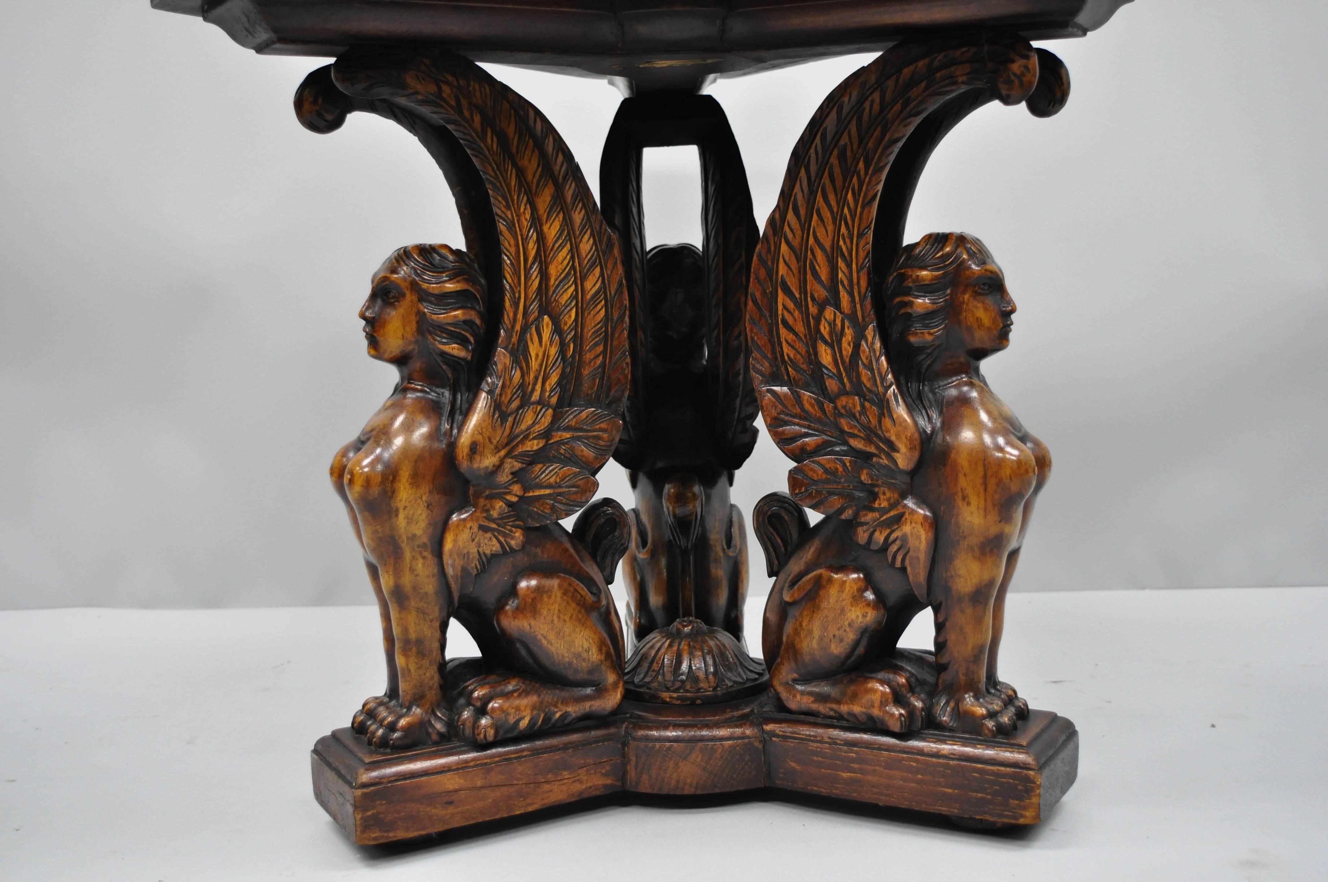Figural Carved Walnut Winged Female Griffin Triangle Side Table Resin Inlay Top For Sale 6