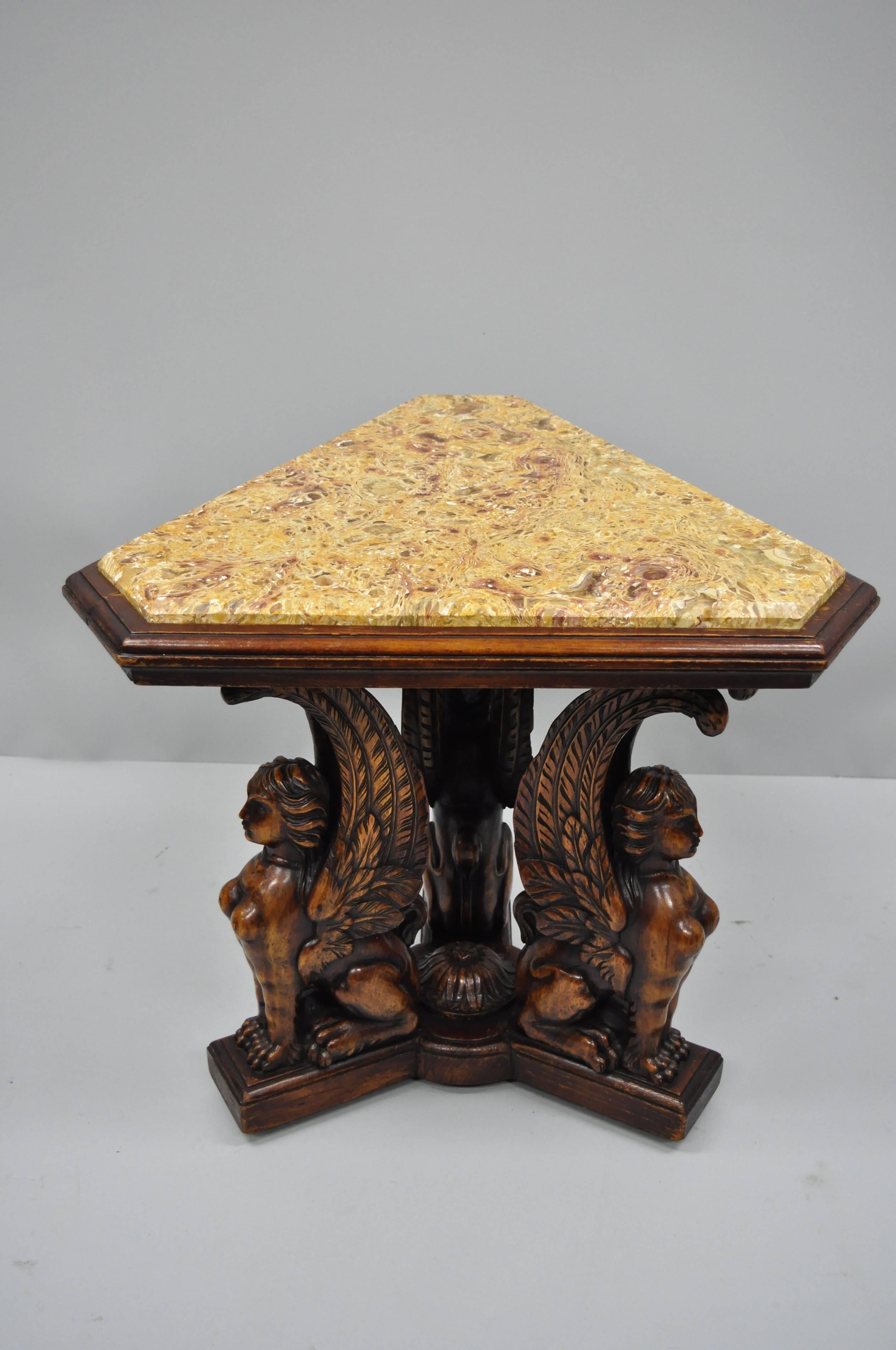 Figural Carved Walnut Winged Female Griffin Triangle Side Table Resin Inlay Top 6