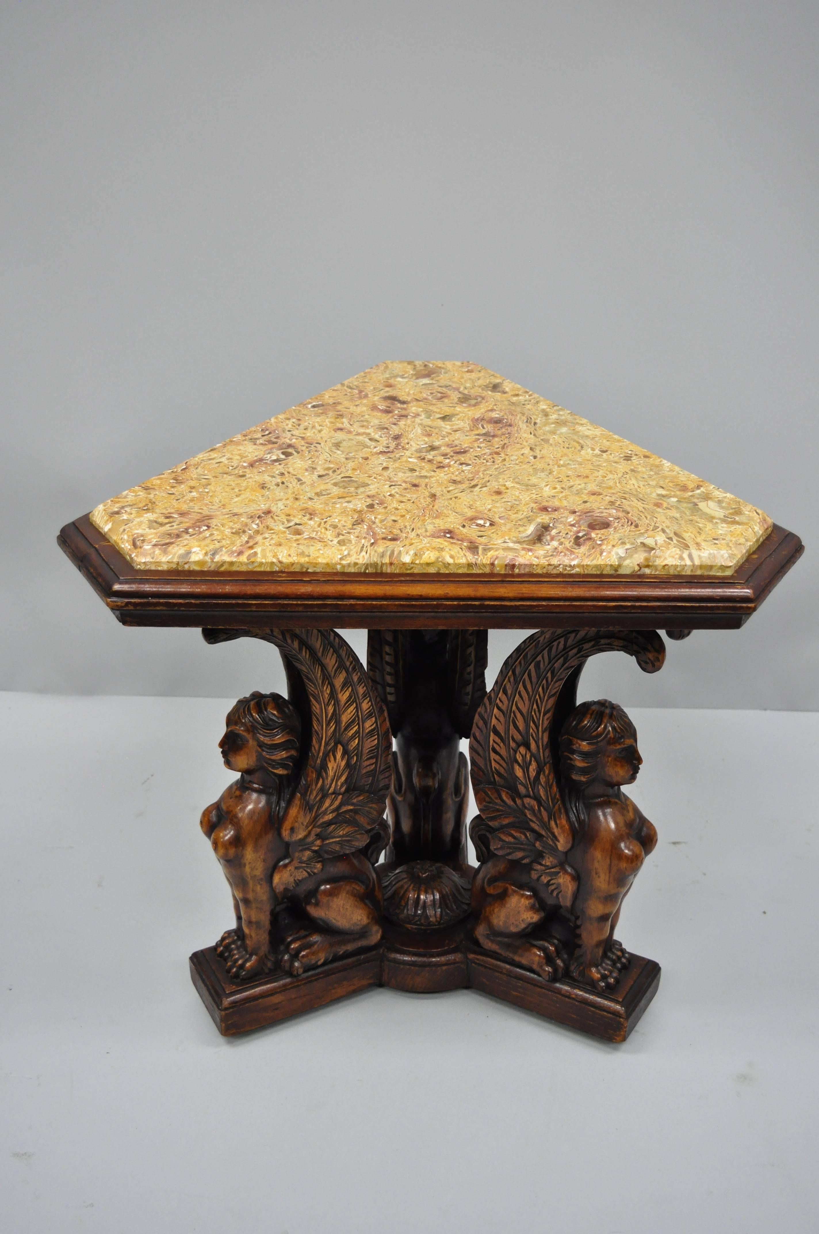 Figural Carved Walnut Winged Female Griffin Triangle Side Table Resin Inlay Top For Sale 7