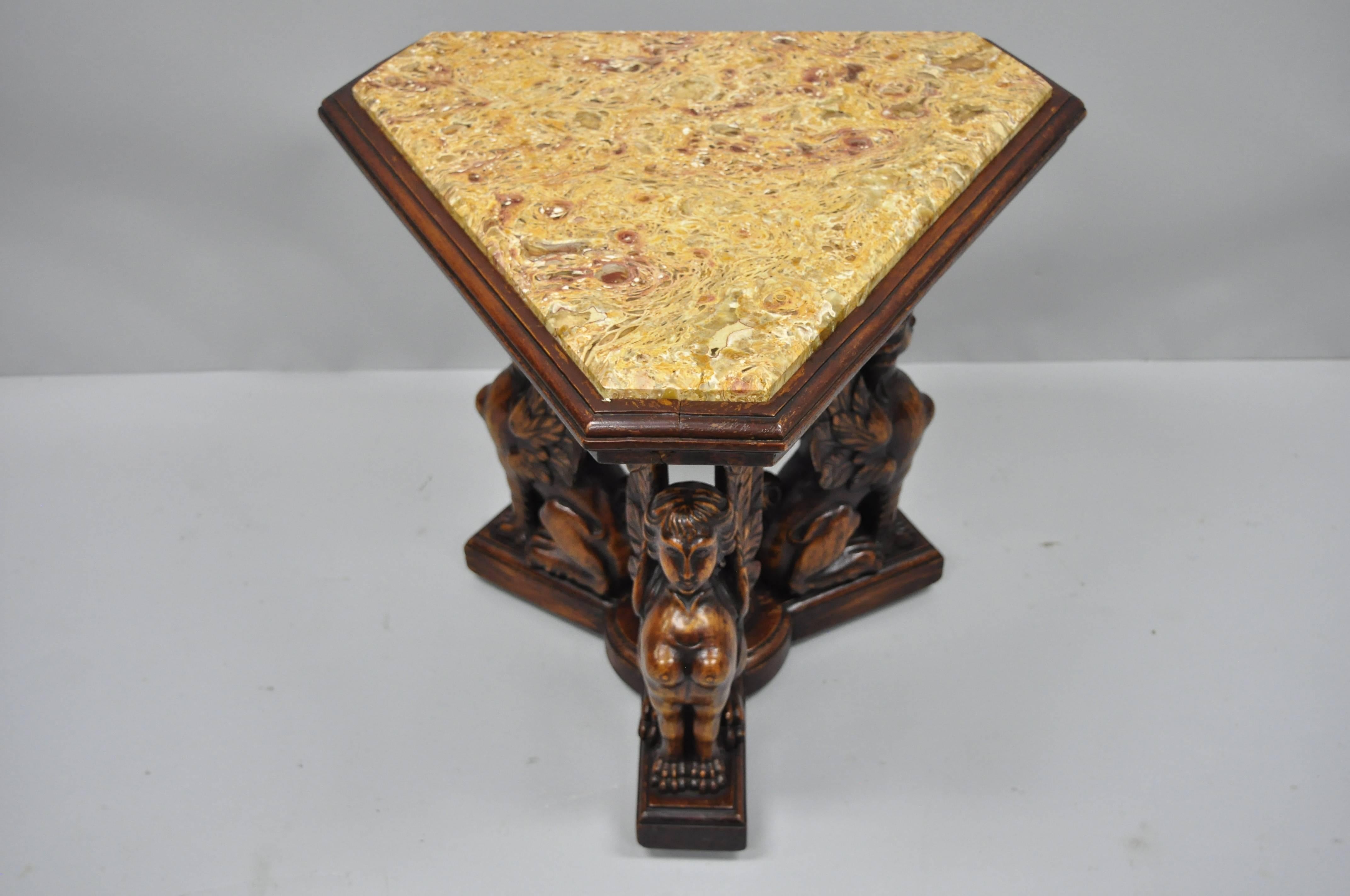 Renaissance Revival Figural Carved Walnut Winged Female Griffin Triangle Side Table Resin Inlay Top For Sale