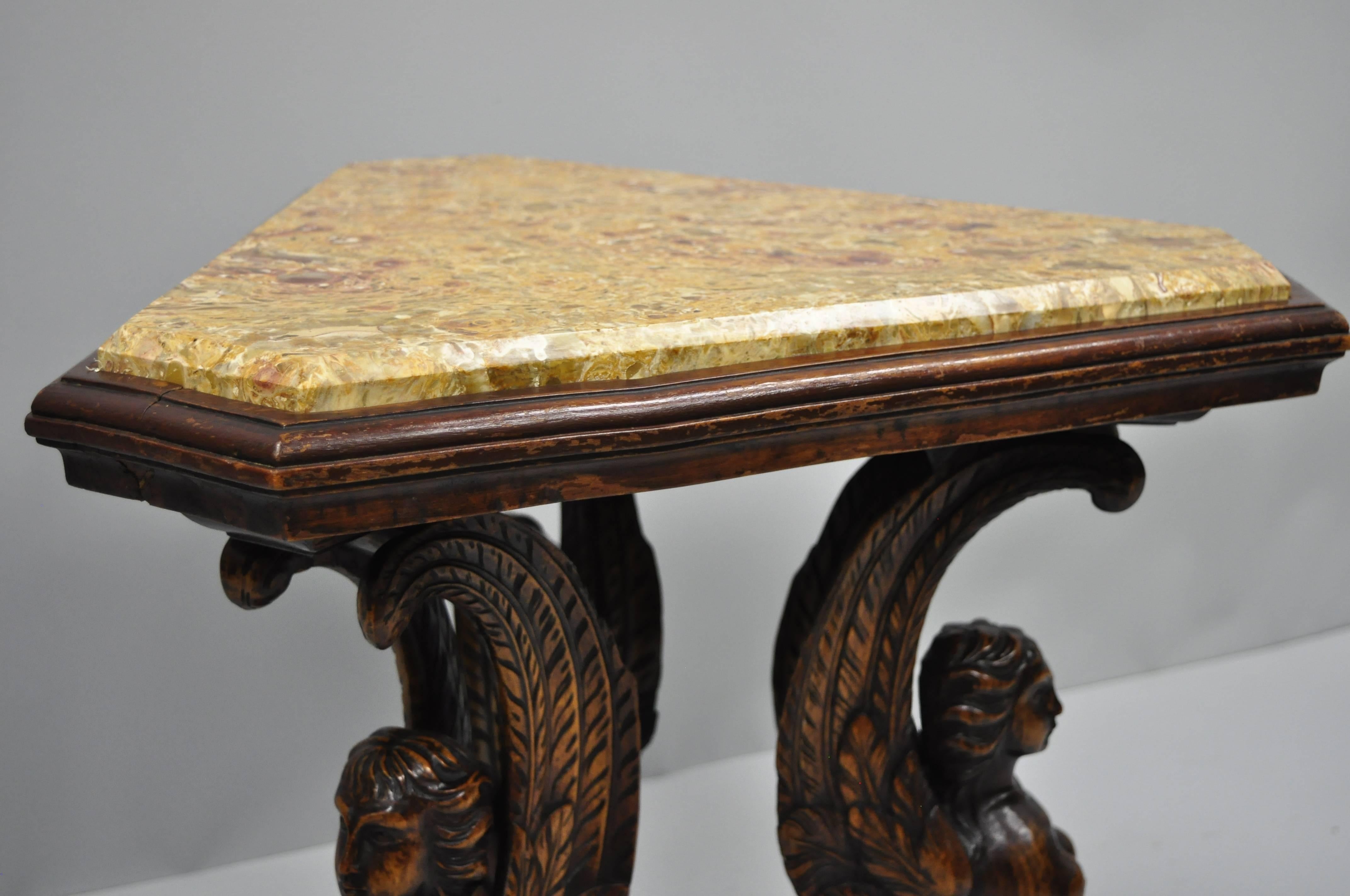 European Figural Carved Walnut Winged Female Griffin Triangle Side Table Resin Inlay Top For Sale