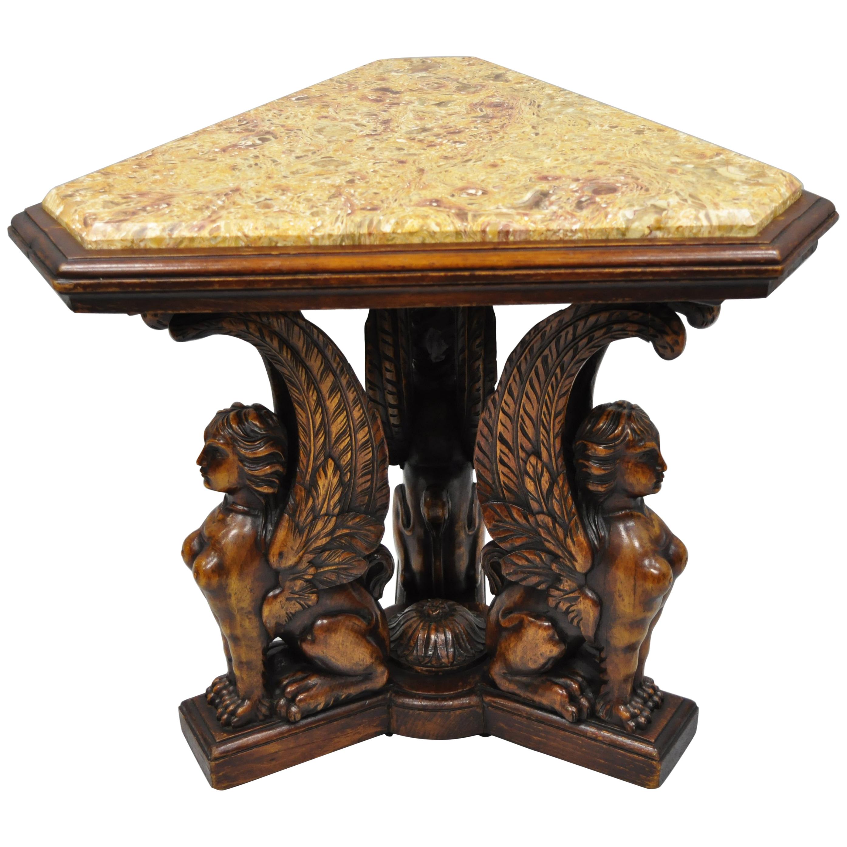 Figural Carved Walnut Winged Female Griffin Triangle Side Table Resin Inlay Top For Sale