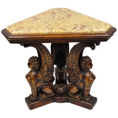 Figural Carved Walnut Winged Female Griffin Triangle Side Table Resin Inlay Top