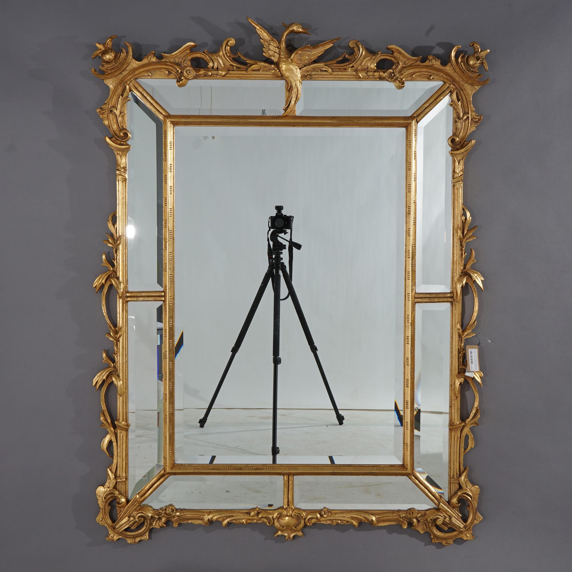 American Figural Chinese Chippendale Parclose Giltwood Wall Mirror with Phoenix 20th C For Sale