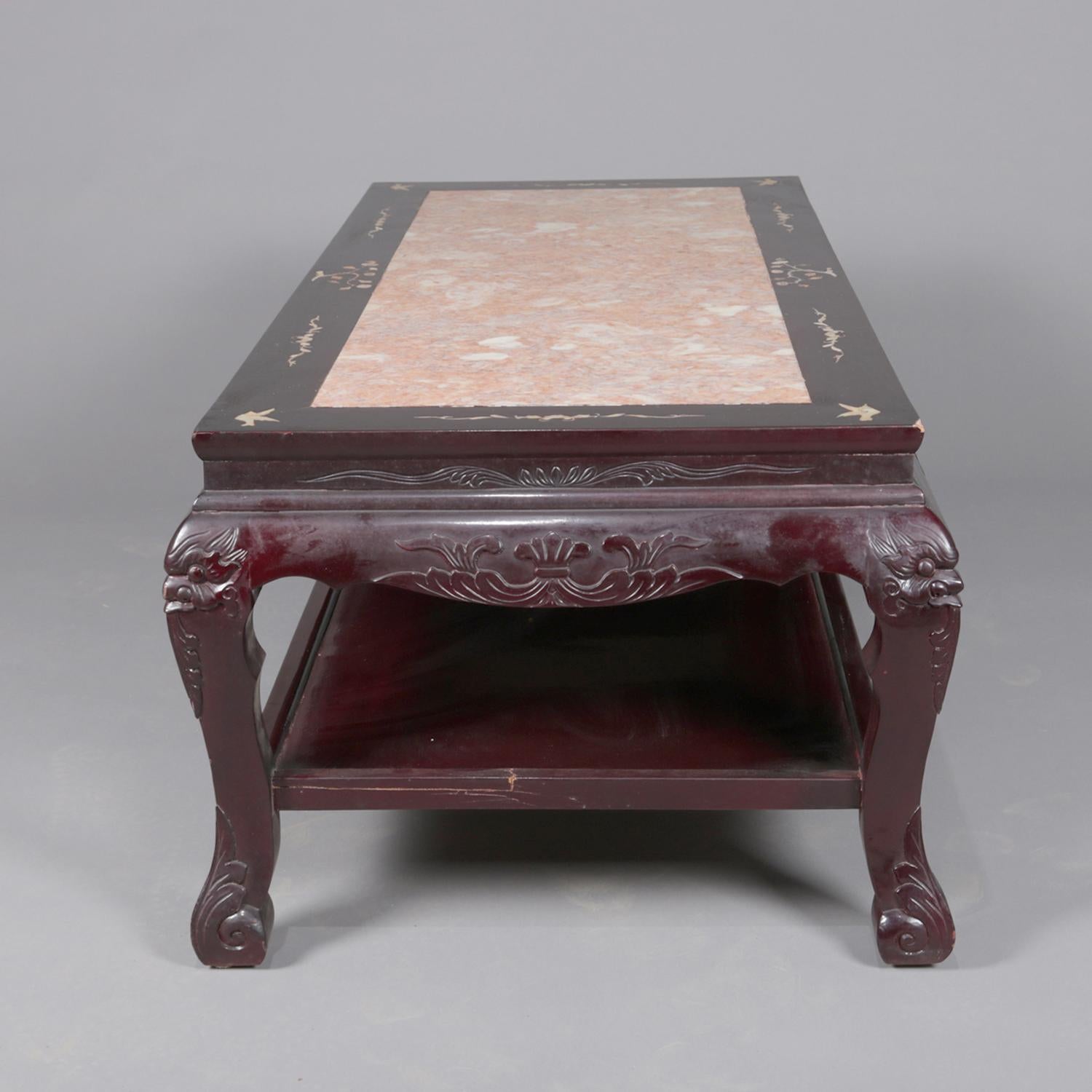 Chinoiserie Figural Chinese Mother of Pearl Inlaid Carved Hardwood Marble Coffee Table