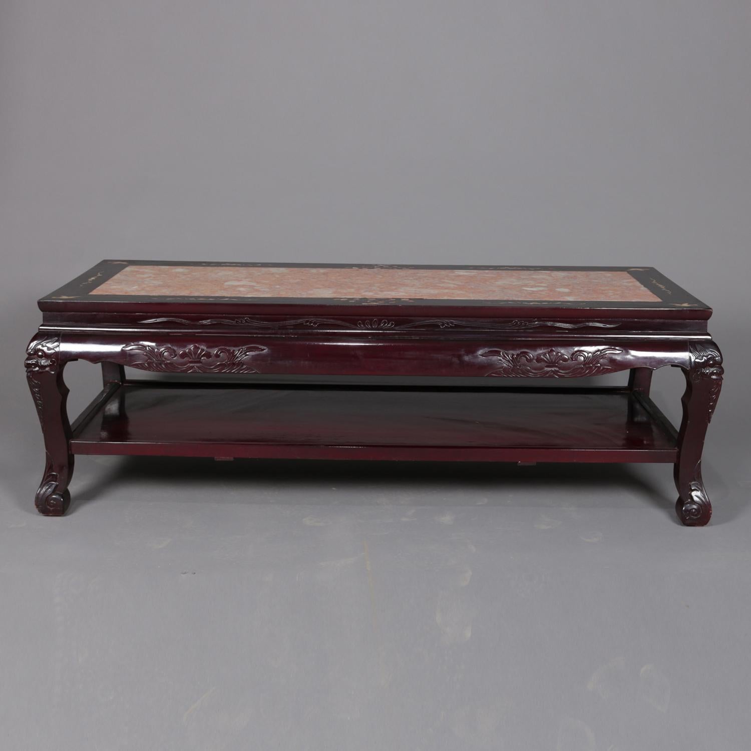 Figural Chinese Mother of Pearl Inlaid Carved Hardwood Marble Coffee Table In Good Condition In Big Flats, NY