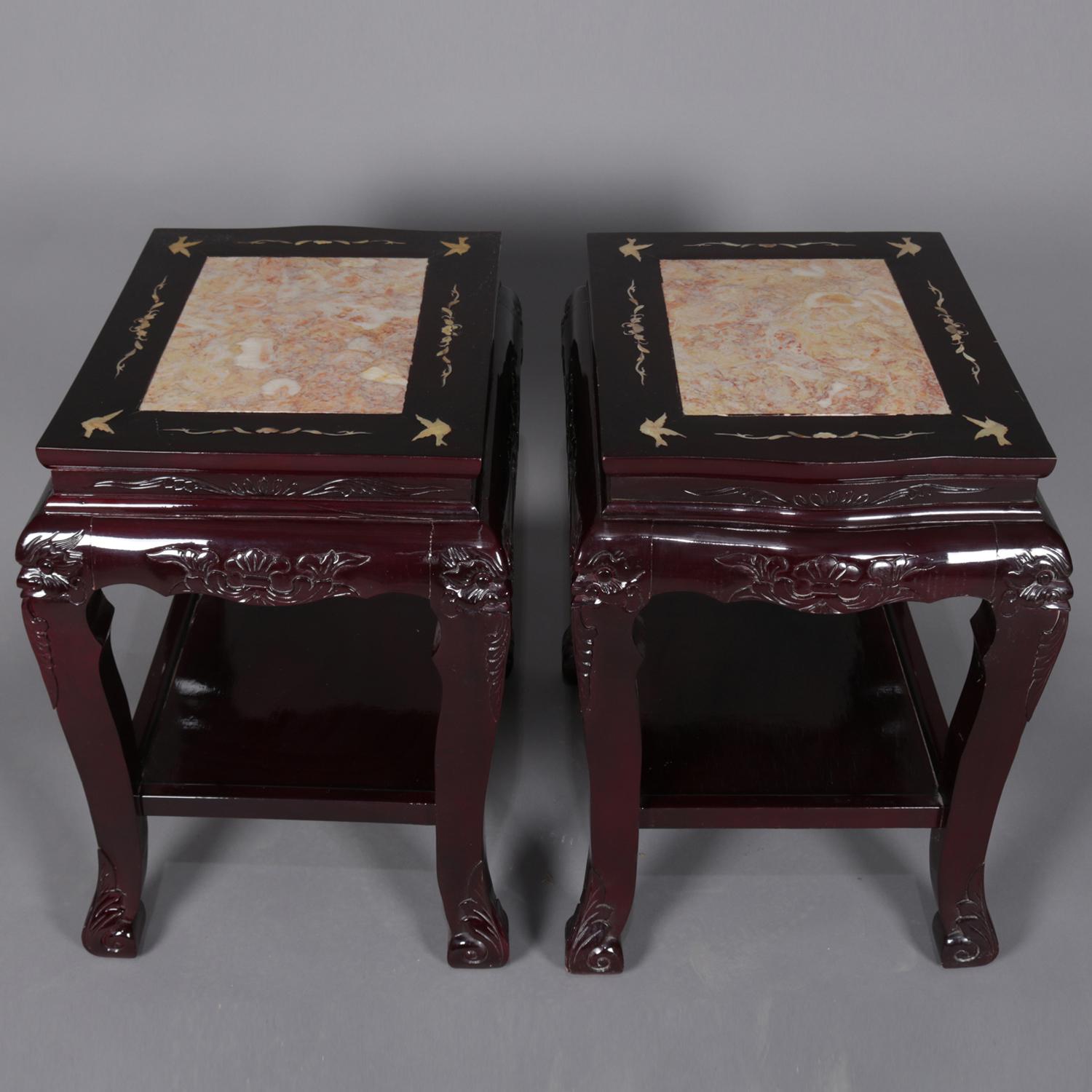 Chinoiserie Figural Chinese Mother of Pearl Inlaid Carved Hardwood Marble-Top Tables