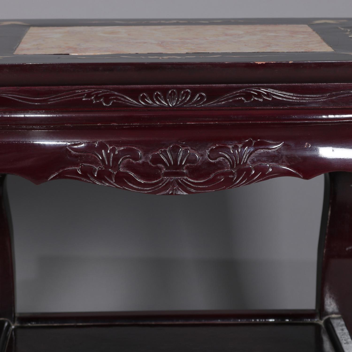 Figural Chinese Mother of Pearl Inlaid Carved Hardwood Marble-Top Tables 1