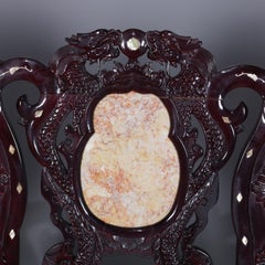 Figural Chinese Mother of Pearl Inlaid Carved Hardwood Marble Triptych Settee