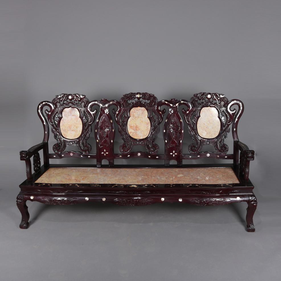 Chinoiserie Figural Chinese Mother of Pearl Inlaid Carved Hardwood Marble Triptych Settee