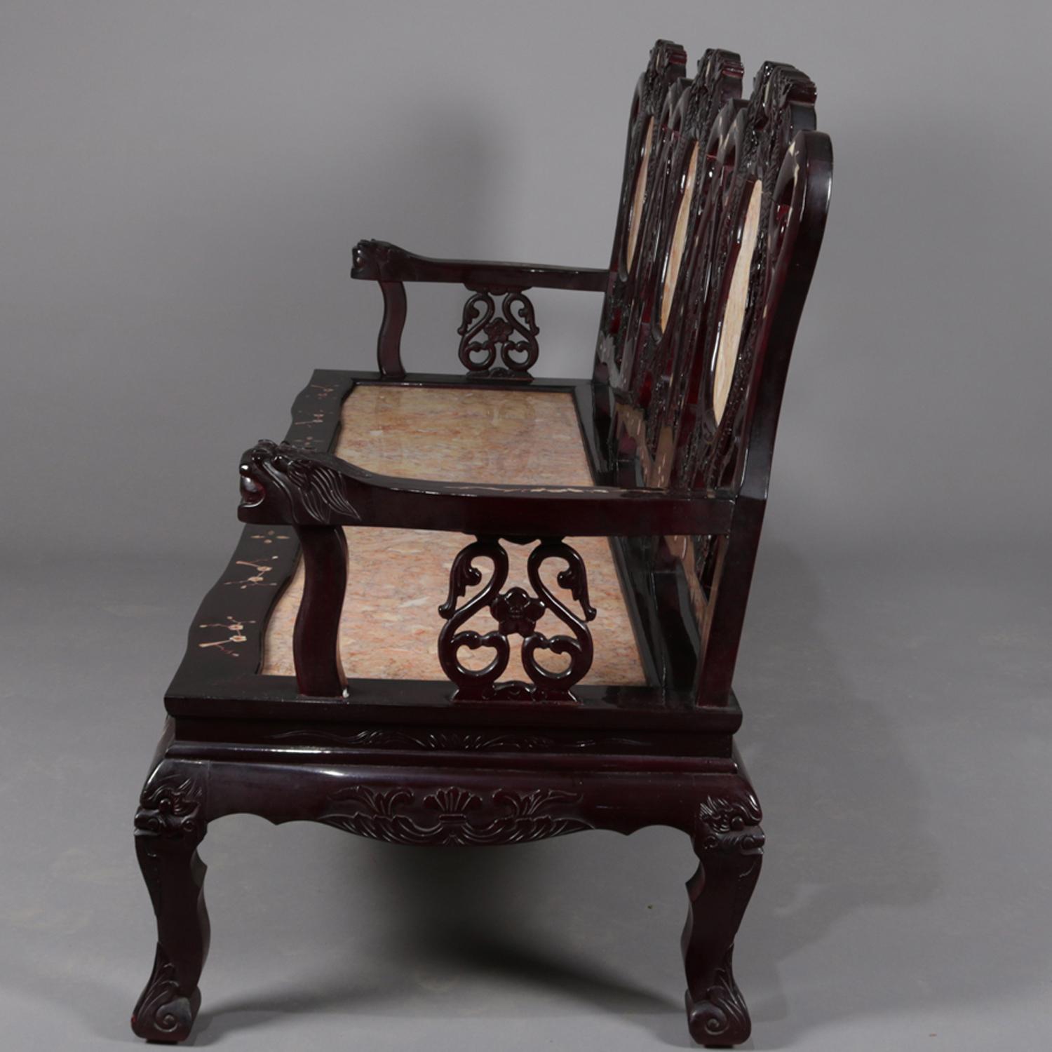 Figural Chinese Mother of Pearl Inlaid Carved Hardwood Marble Triptych Settee In Good Condition In Big Flats, NY