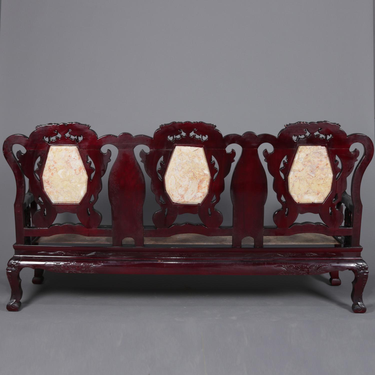 20th Century Figural Chinese Mother of Pearl Inlaid Carved Hardwood Marble Triptych Settee