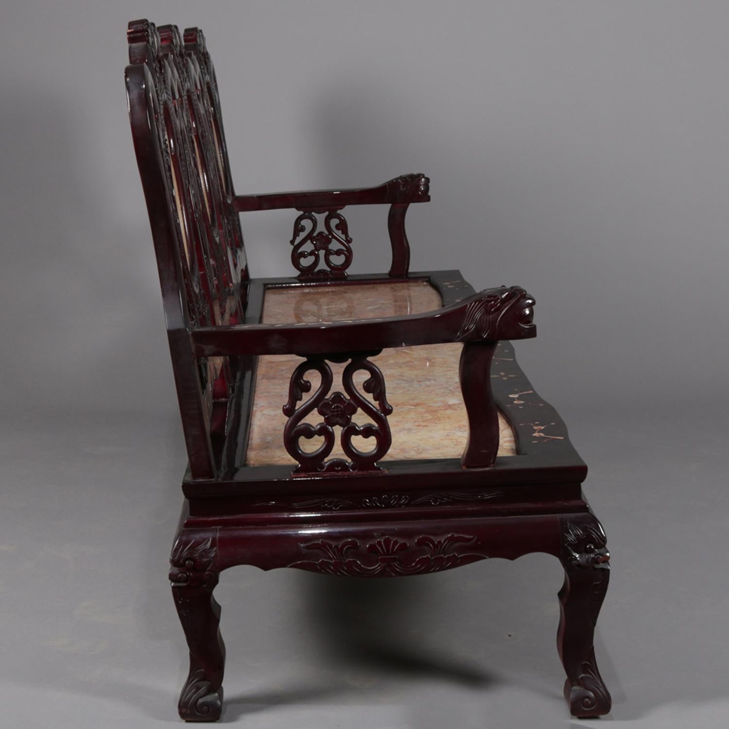 Figural Chinese Mother of Pearl Inlaid Carved Hardwood Marble Triptych Settee 1