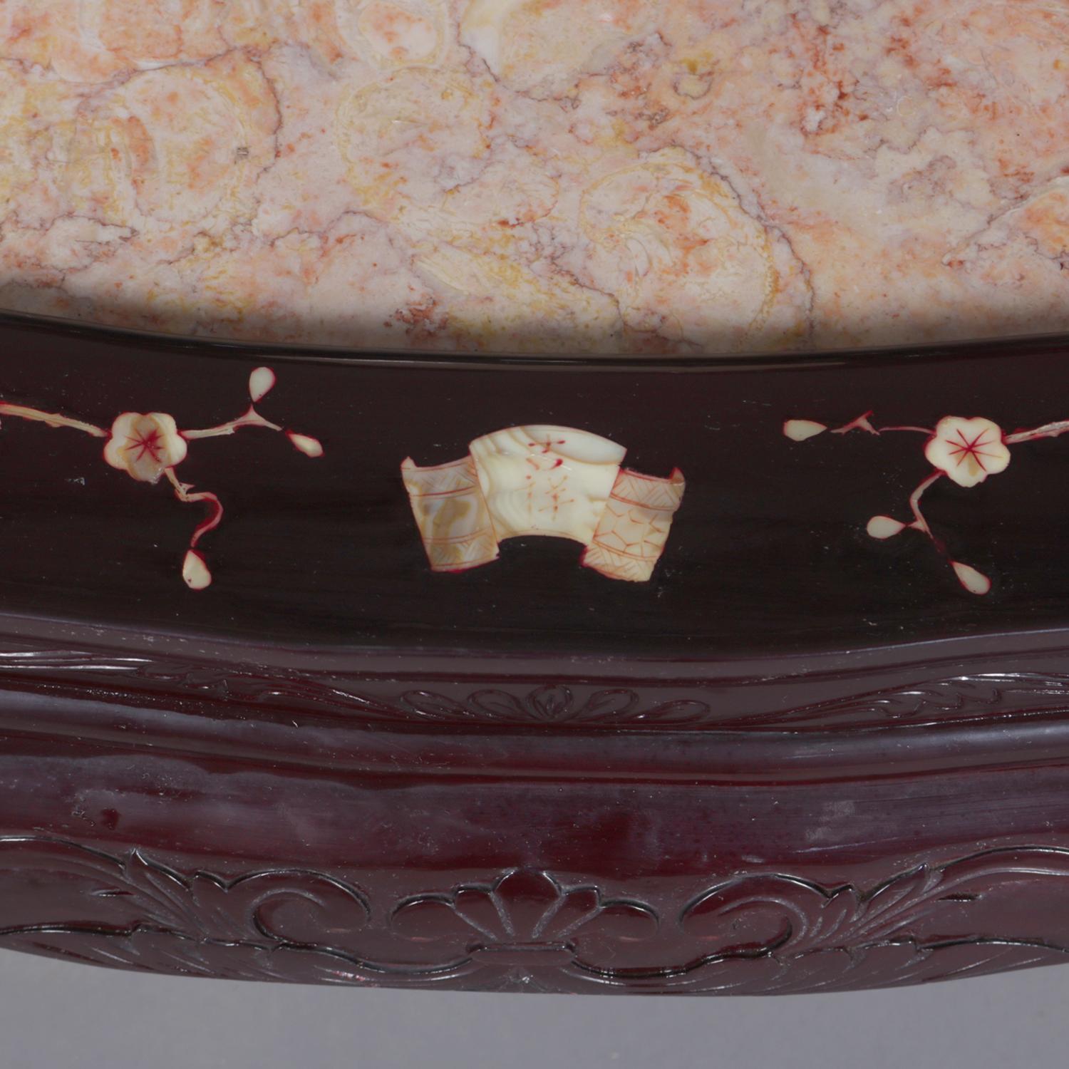 Figural Chinese Mother of Pearl Inlaid Carved Hardwood Marble Triptych Settee 4