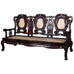 Figural Chinese Mother of Pearl Inlaid Carved Hardwood Marble Triptych Settee