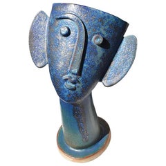 Buste Figural Contemporain Bleu Cubique en Céramique Sculpture et Vaisseau 2019
