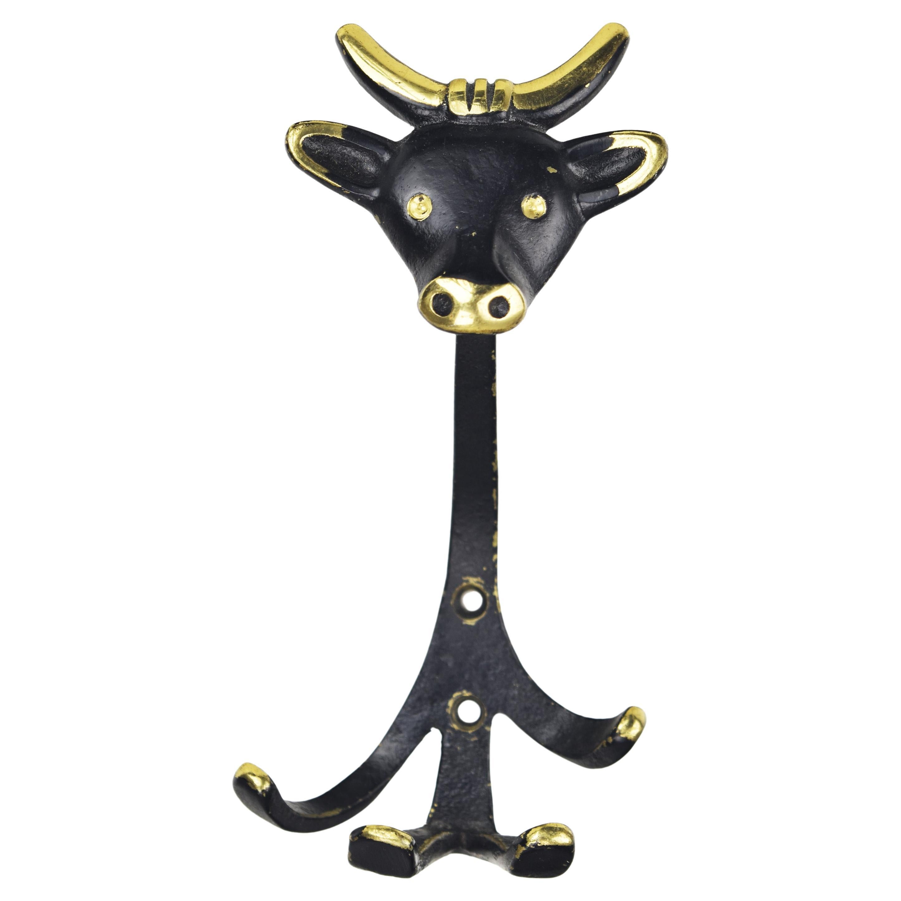 Figural Cow / Bull Coat Hook Walter Bosse Cast Brass / Bronze Mid Century Modern For Sale