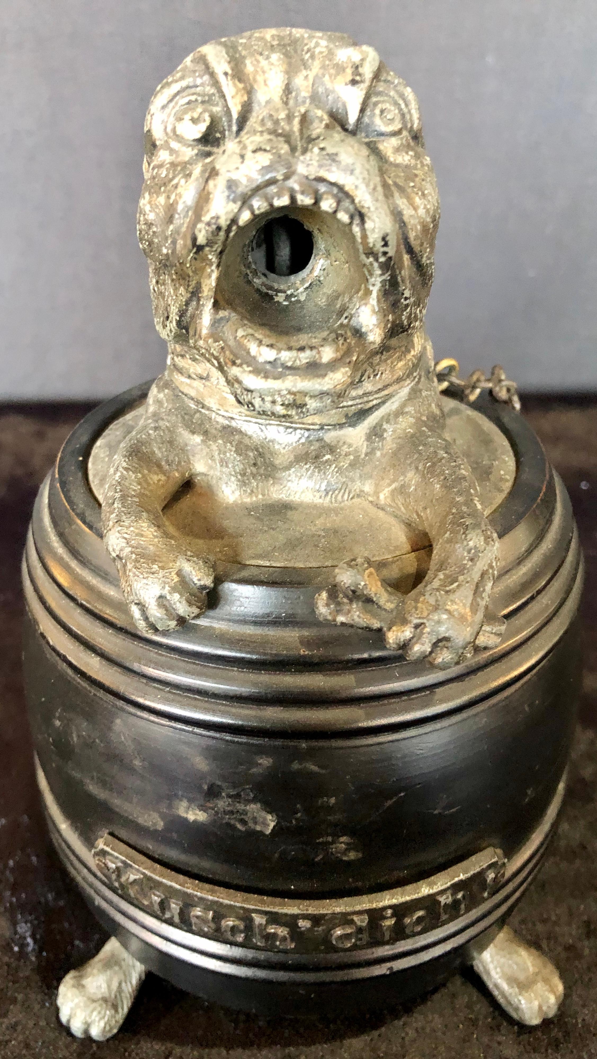 Art Nouveau Figural Dog in a Barrel Cigar Cutter, Bulldog, Part of a Large Collection