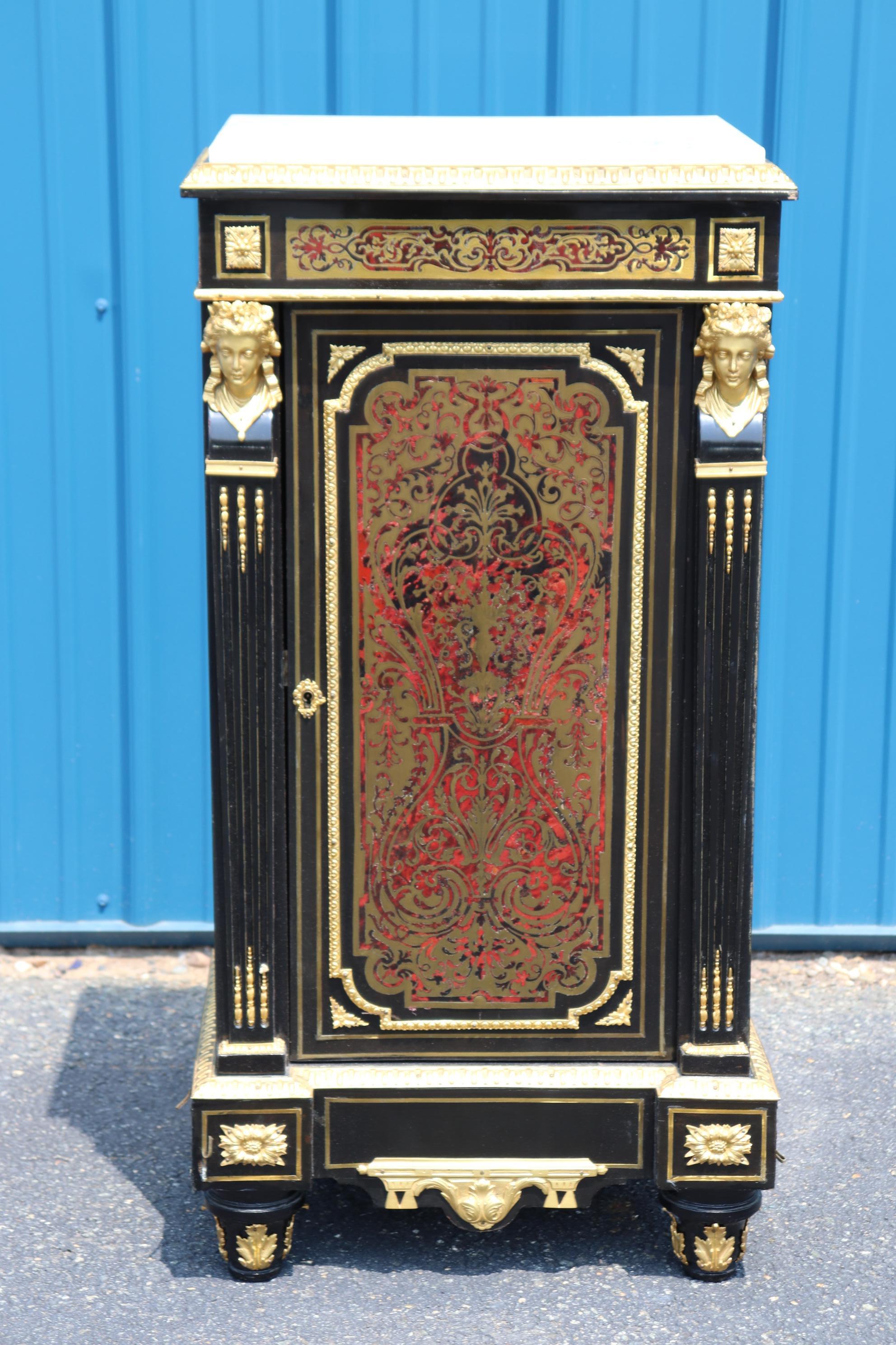 Napoleon III Figural Dor'e Bronze Brass Inlaid Ebonizied Marble Top Boulle Style Nightstand For Sale