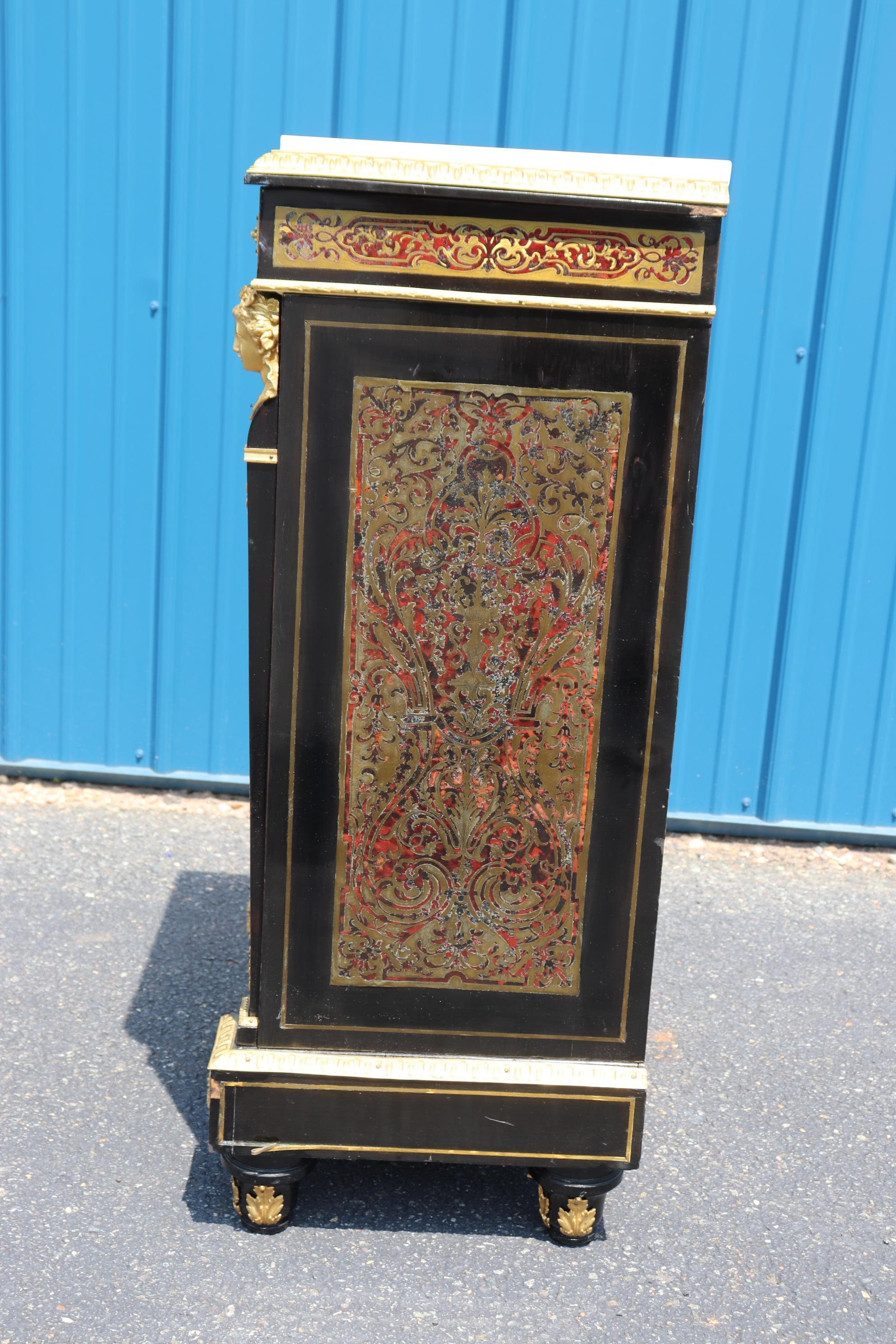 Late 19th Century Figural Dor'e Bronze Brass Inlaid Ebonizied Marble Top Boulle Style Nightstand