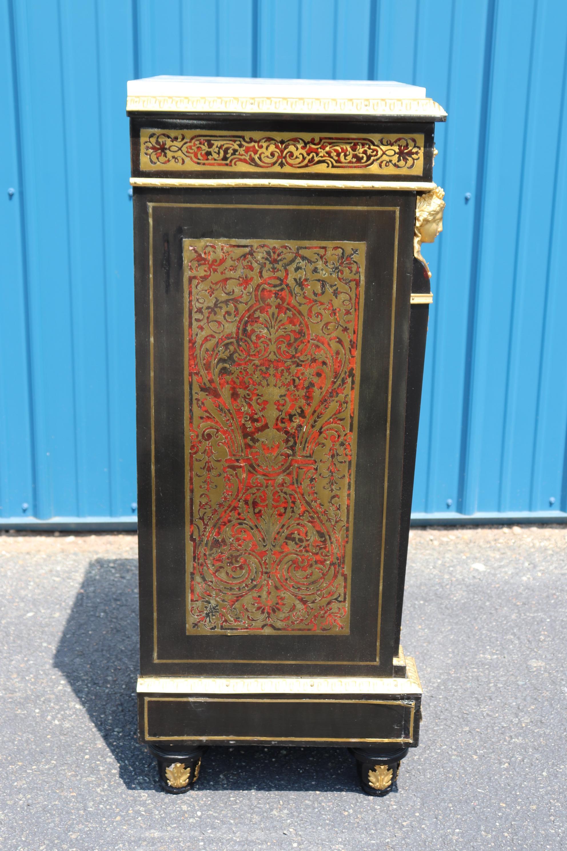Figural Dor'e Bronze Brass Inlaid Ebonizied Marble Top Boulle Style Nightstand 2