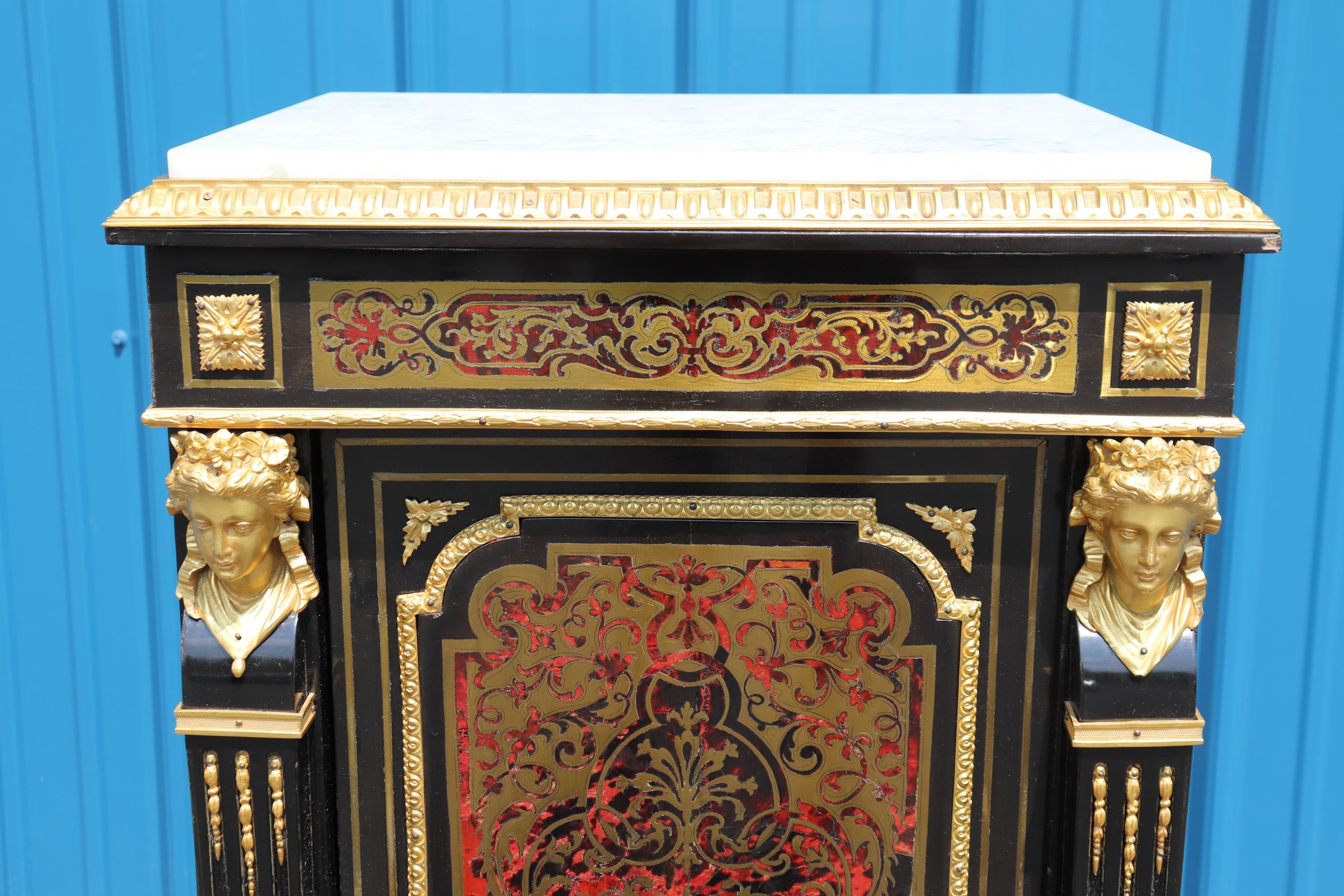 Figural Dor'e Bronze Brass Inlaid Ebonizied Marble Top Boulle Style Nightstand For Sale 3