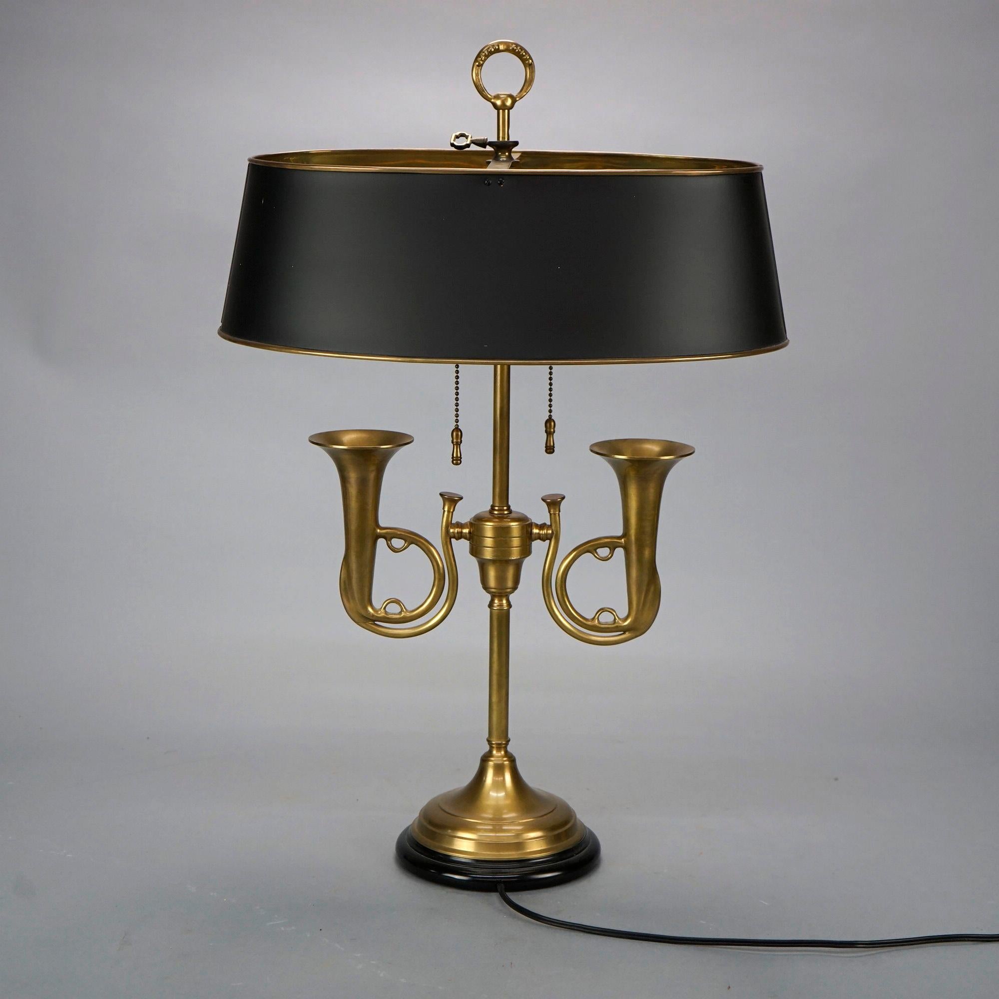 American Figural Empire Style Ebonized & Brass French Horn Bouillotte Desk Lamp 20th C