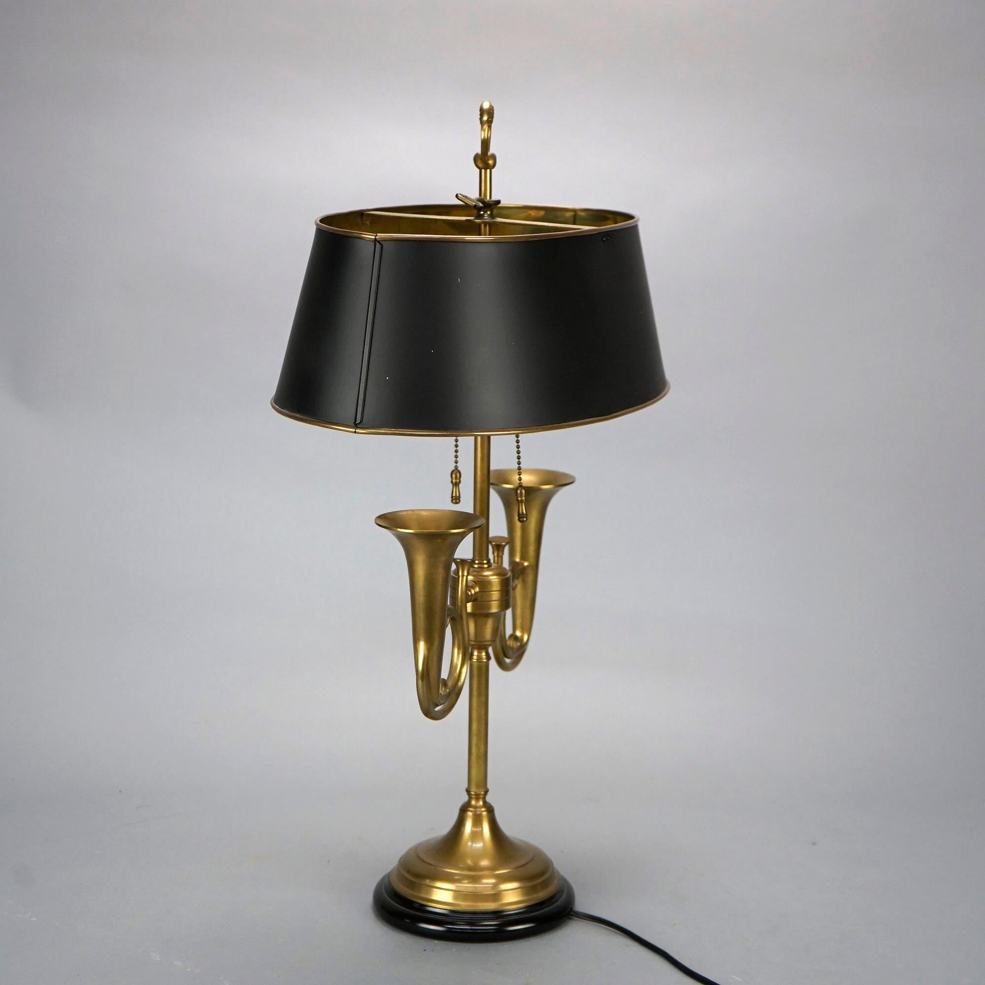 Figural Empire Style Ebonized & Brass French Horn Bouillotte Desk Lamp 20th C In Good Condition In Big Flats, NY
