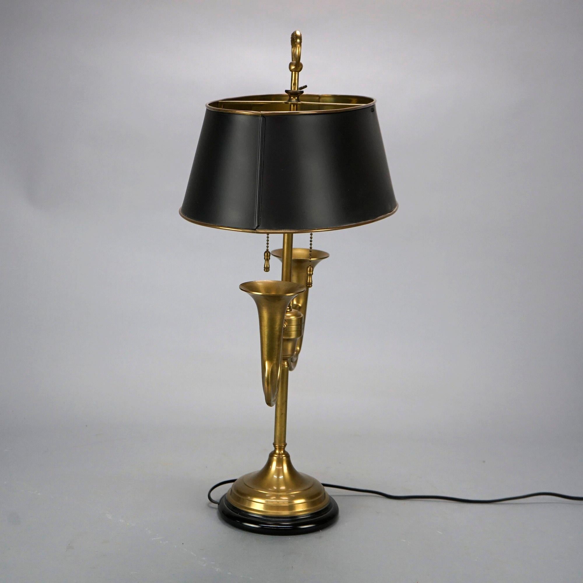 20th Century Figural Empire Style Ebonized & Brass French Horn Bouillotte Desk Lamp 20th C