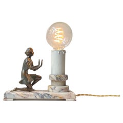 Figural French Art Deco Table Lamp in Bronze & Marble, 1930s